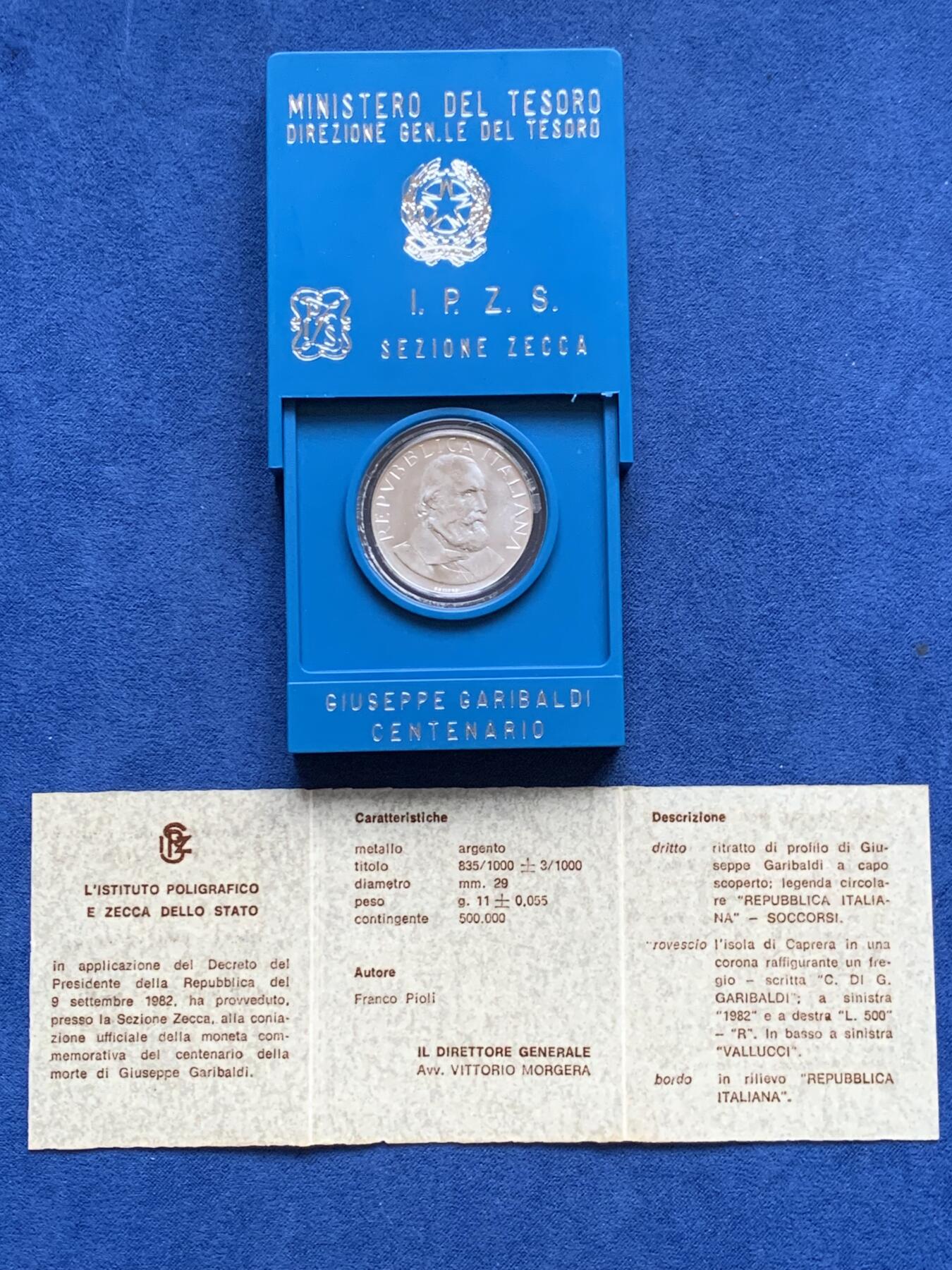 《竞宝斋》第353场 周日，周一，周二 3场连拍 （全场包邮） 意大利1982年副首相朱塞佩•加里波第逝世100周年纪念500里拉银币 带盒证