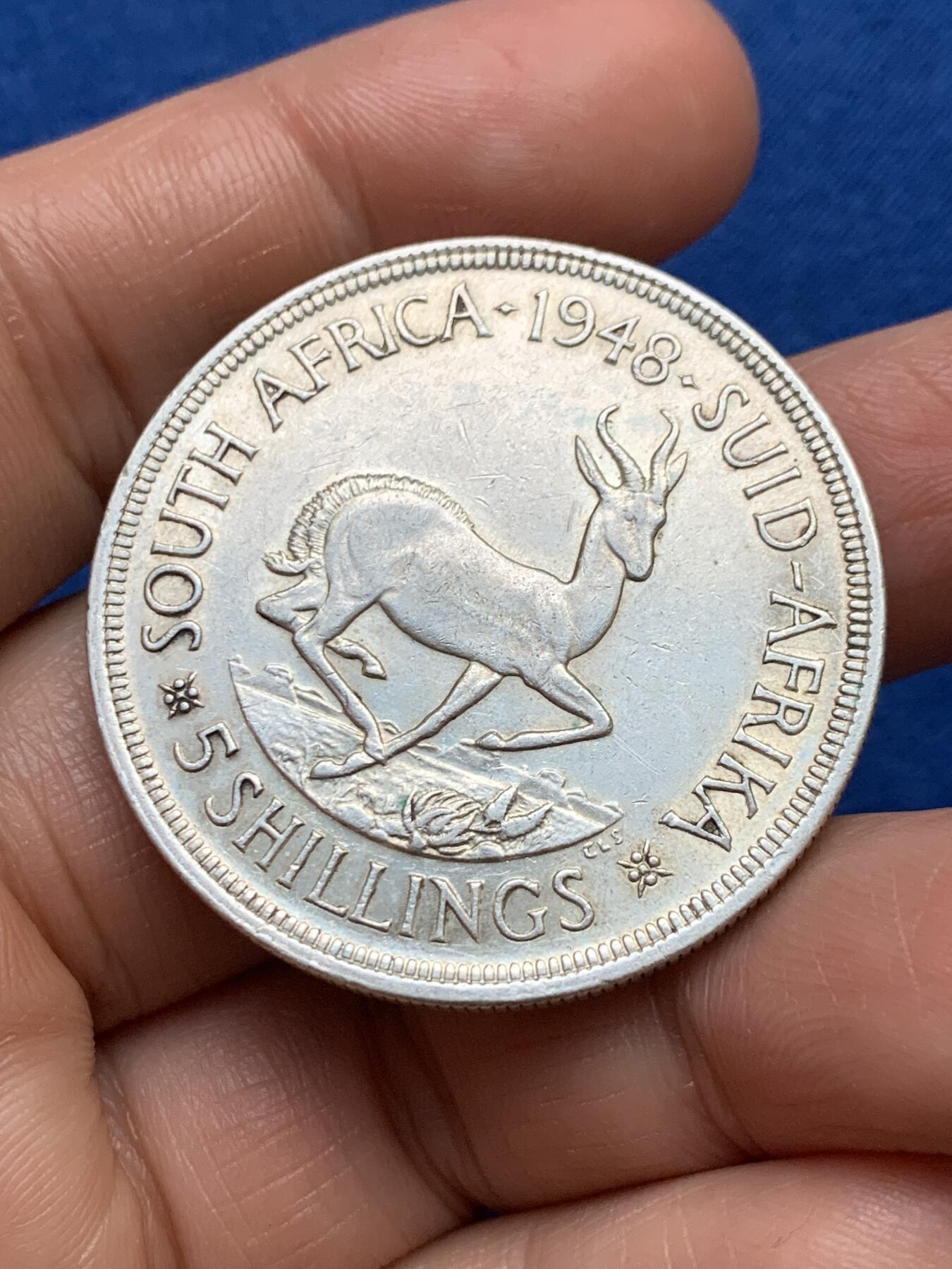 《竞宝斋》第353场 周日，周一，周二 3场连拍 （全场包邮） 南非1948年跳羚羊5先令大银币 早期高银版