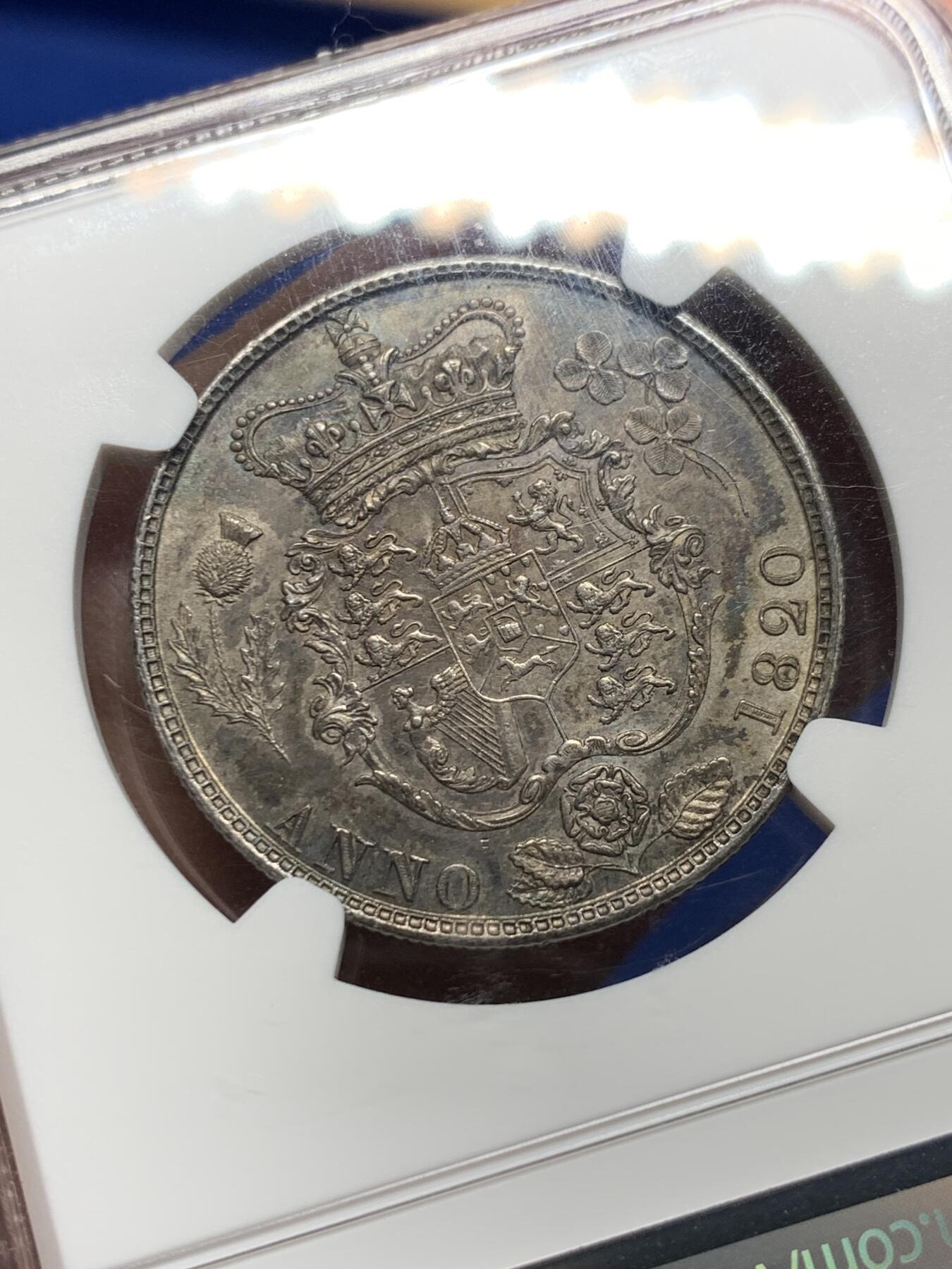 《竞宝斋》第354场 周日，周一，周二 3场连拍 （全场包邮） NGC MS63 英国1820年乔治四世半克朗银币，酱彩包浆，细节很好，名誉品种