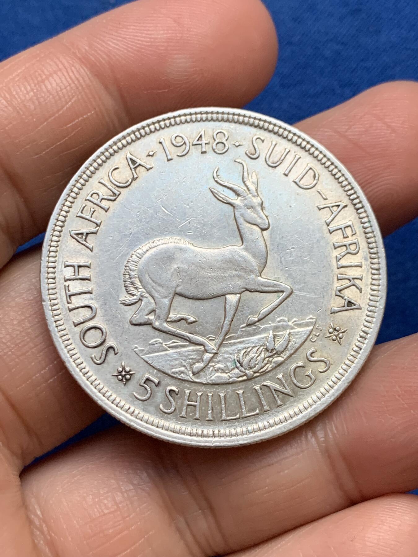 《竞宝斋》第353场 周日，周一，周二 3场连拍 （全场包邮） 南非1948年跳羚羊5先令大银币 早期高银版