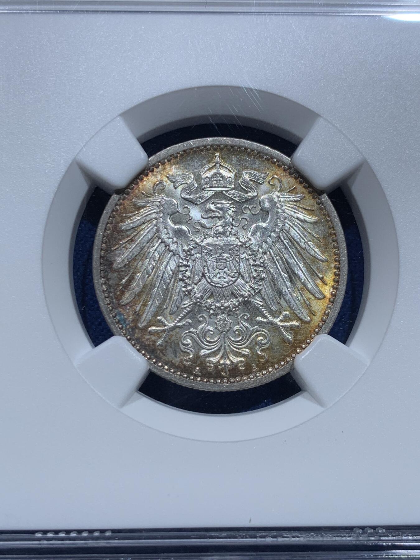 《竞宝斋》第353场 周日，周一，周二 3场连拍 （全场包邮） NGC MS64 德国1914年1马克银币，双面淡彩包浆