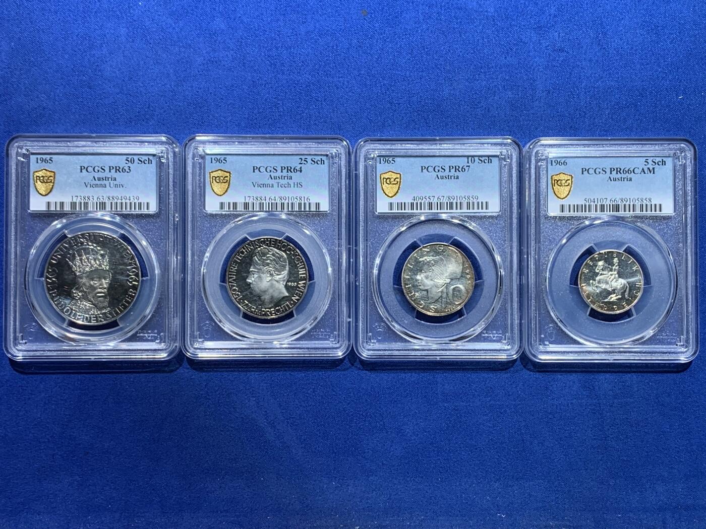 《竞宝斋》第353场 周日，周一，周二 3场连拍 （全场包邮） 4枚一组 PCGS PR66/67/64/63 奥地利1966/1965年维也纳大学5/10/25/50先令精制纪念银币，带包浆，送原装纪念册