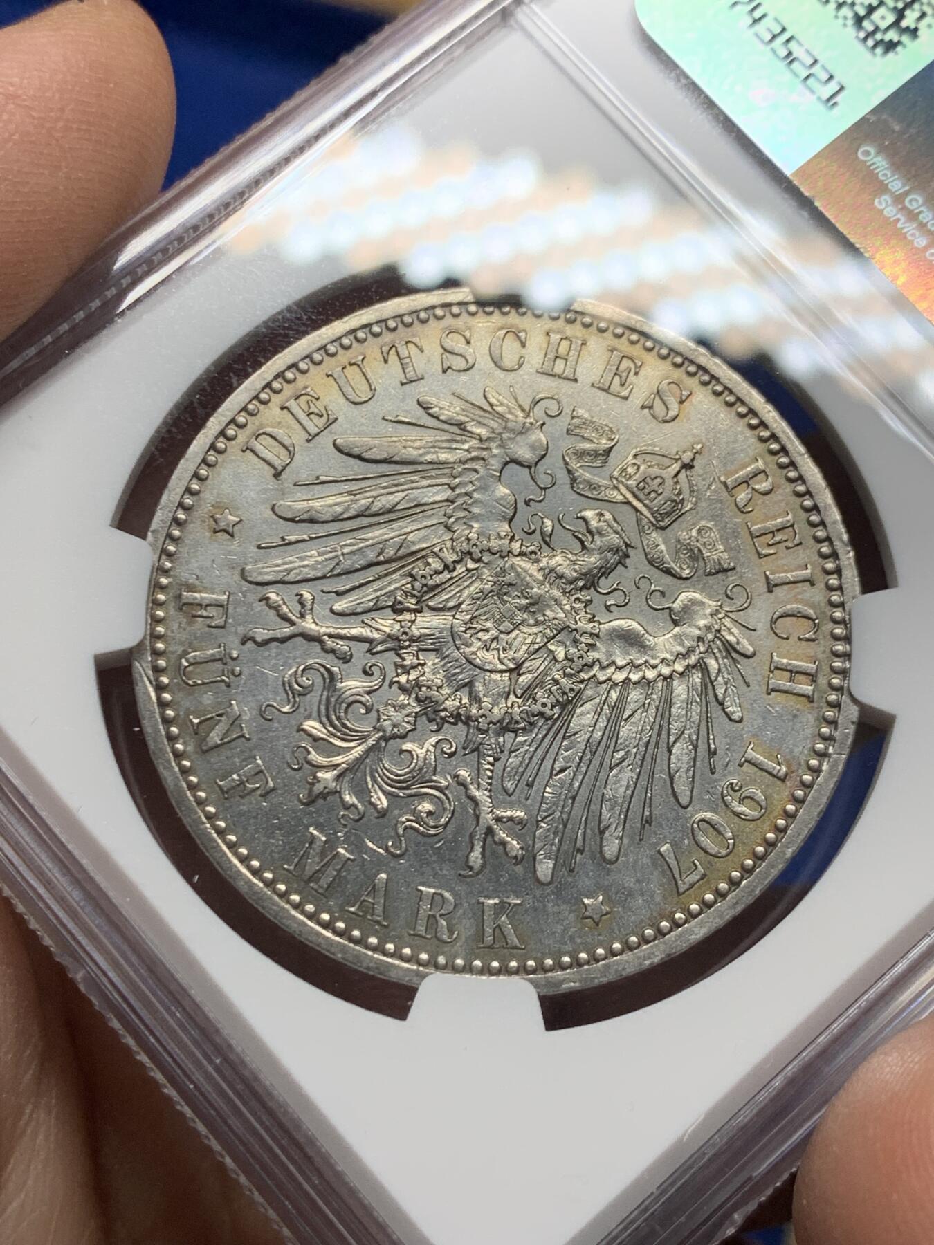 《竞宝斋》第354场 周日，周一，周二 3场连拍 （全场包邮） NGC AUD 德国1907年普鲁士威廉二世5马克银币