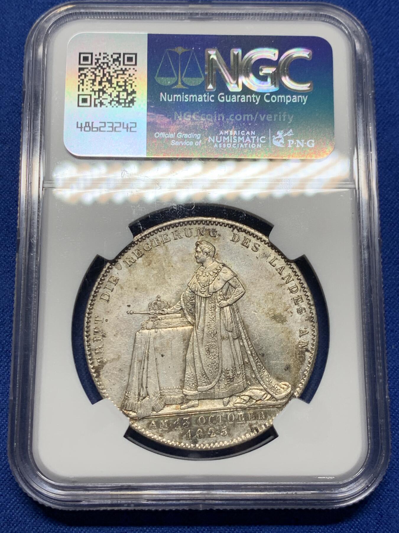 《竞宝斋》第354场 周日，周一，周二 3场连拍 （全场包邮） NGC MS61 德国1825年巴伐利亚路德维希一世加冕纪念历史大泰勒 历史泰勒系列开山之作 五彩包浆 61分钟的战斗机