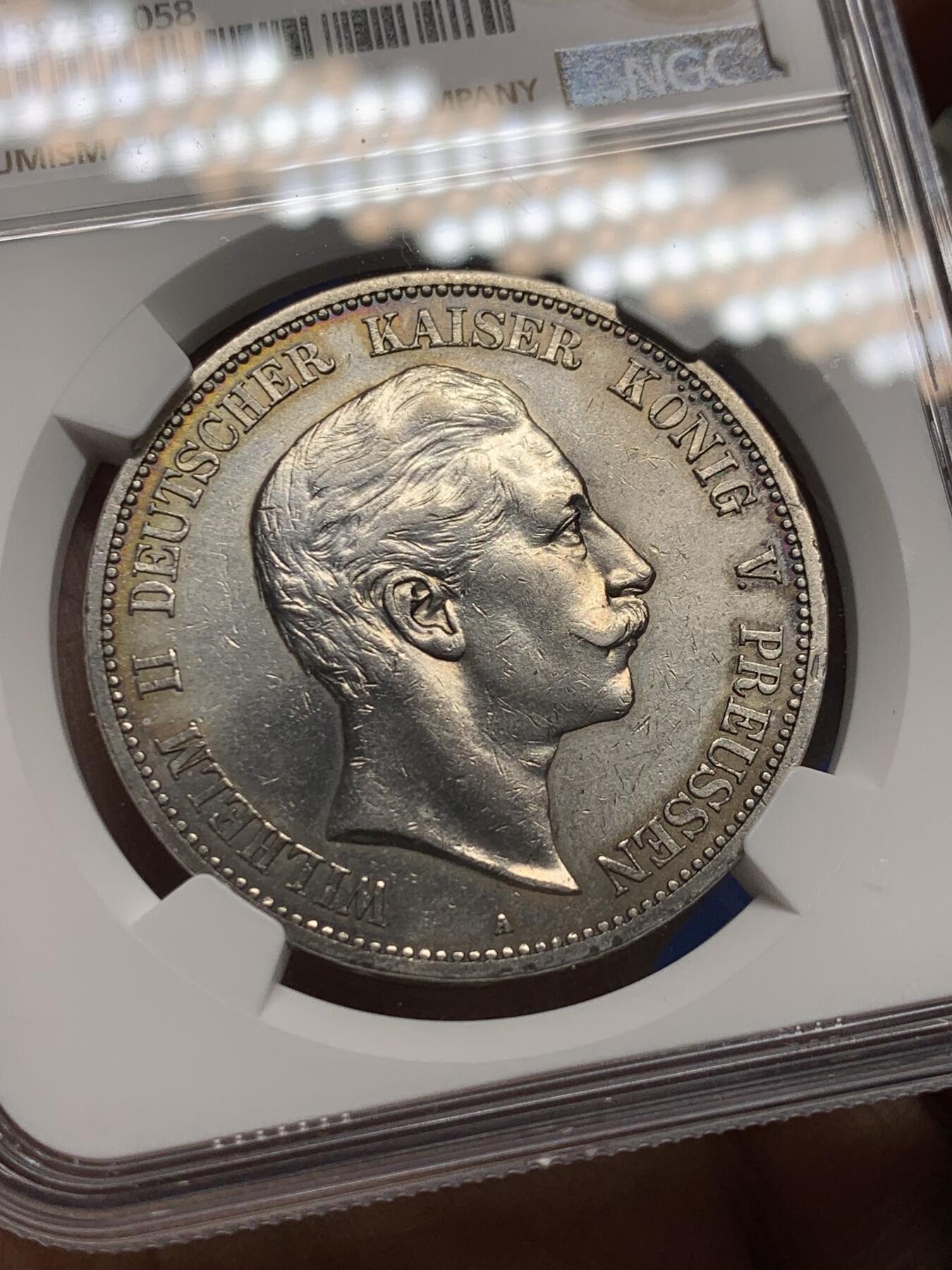 《竞宝斋》第354场 周日，周一，周二 3场连拍 （全场包邮） NGC AUD 德国1907年普鲁士威廉二世5马克银币