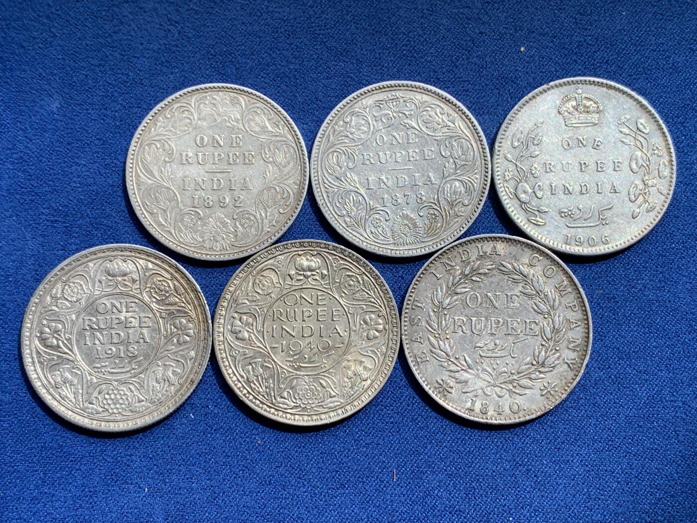 《竞宝斋》第354场 周日，周一，周二 3场连拍 （全场包邮） 6枚一组 印度1892年+1878年维多利亚+1906年爱德华七世+1918年乔治五世+1940年乔治六世卢比 其中一枚为1840年维多利亚早期单辫版  流通好品