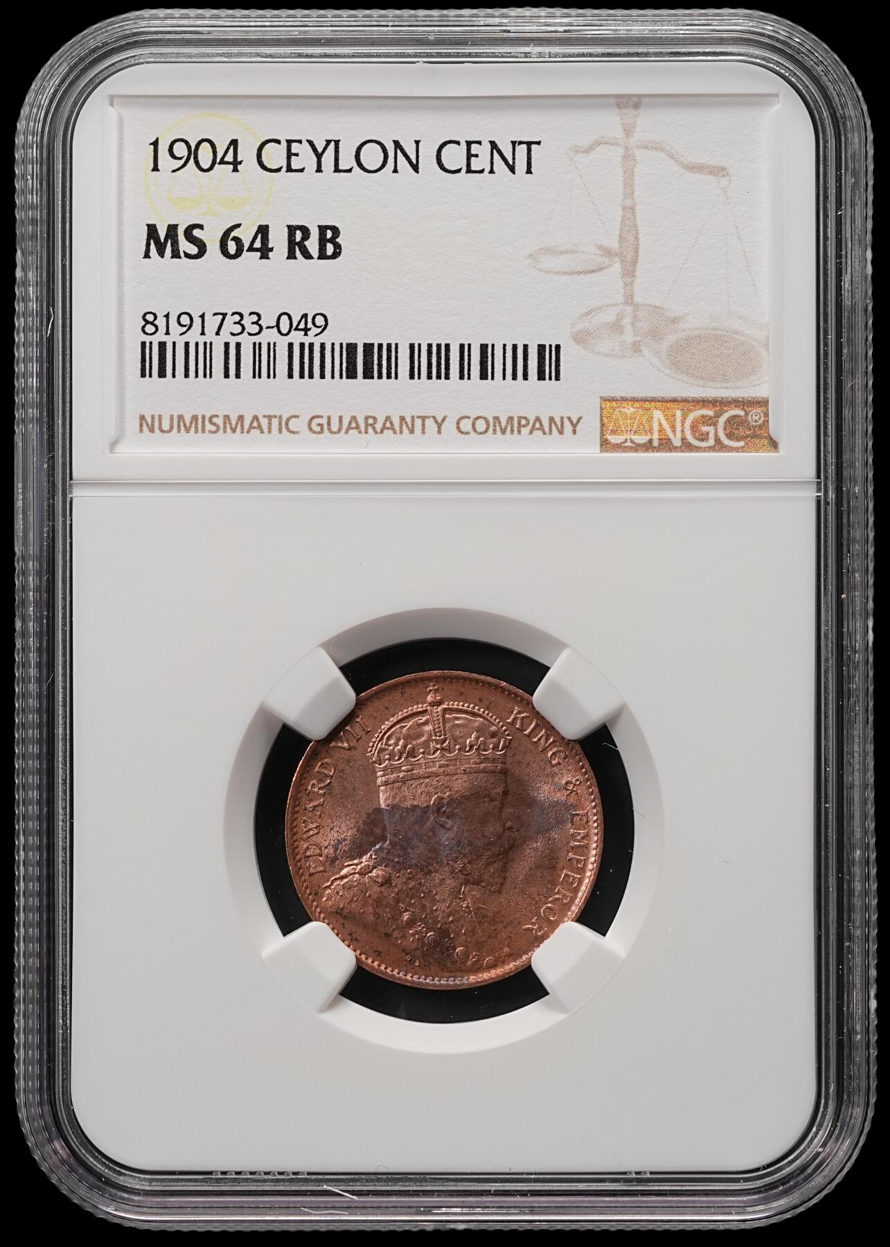 修遠堂世界钱币第五十八期 NGC MS64RB 1904年英属锡兰1分铜币