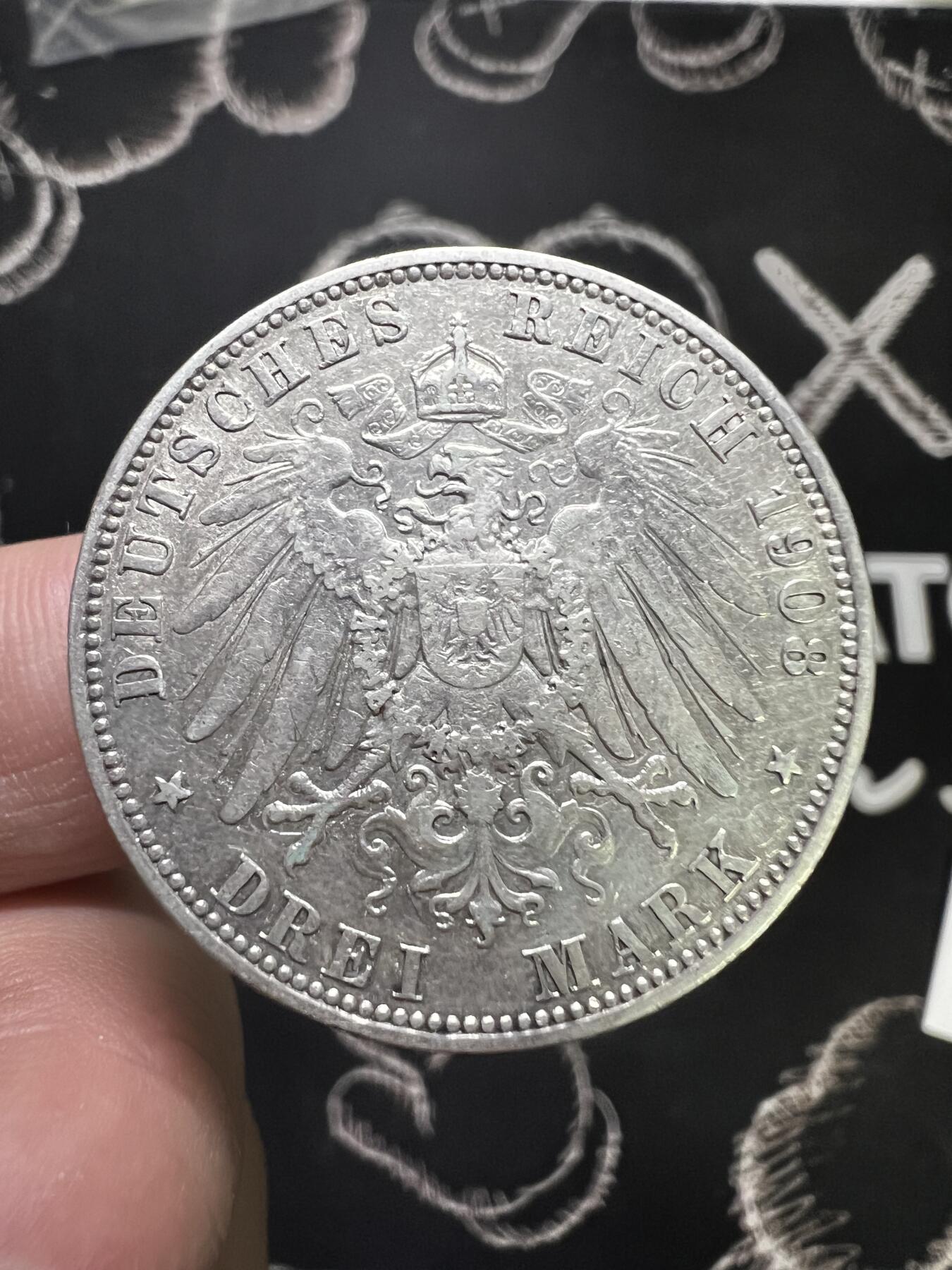 聚福钱庄~世界钱币第一期 新店开业 全场包邮 欢迎参拍 德国1908年威廉二世3马克银币好品