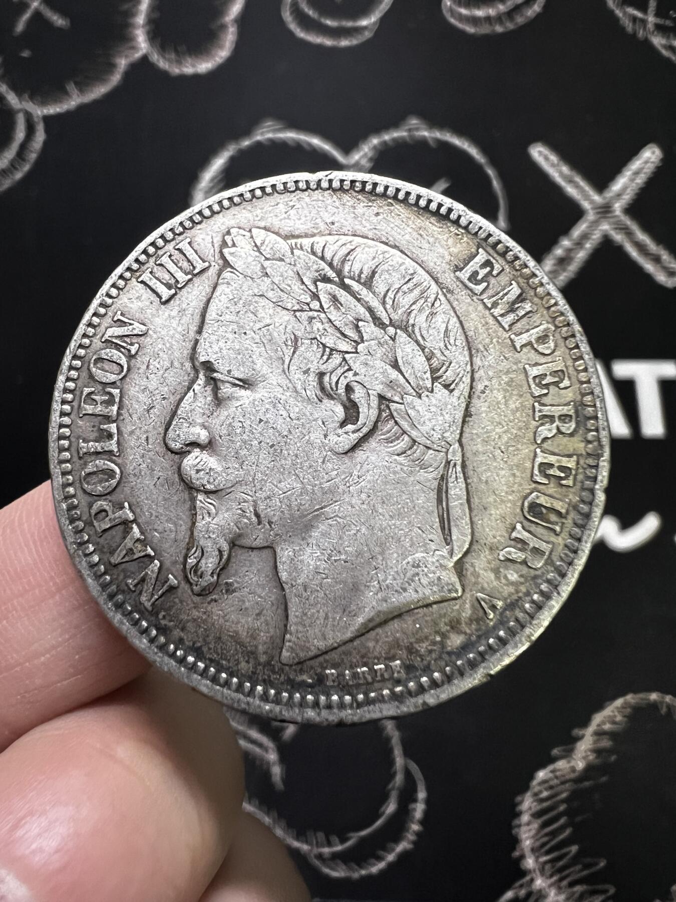 聚福钱庄~世界钱币第一期 新店开业 全场包邮 欢迎参拍 法国1870年拿破仑三世5法郎大银币
