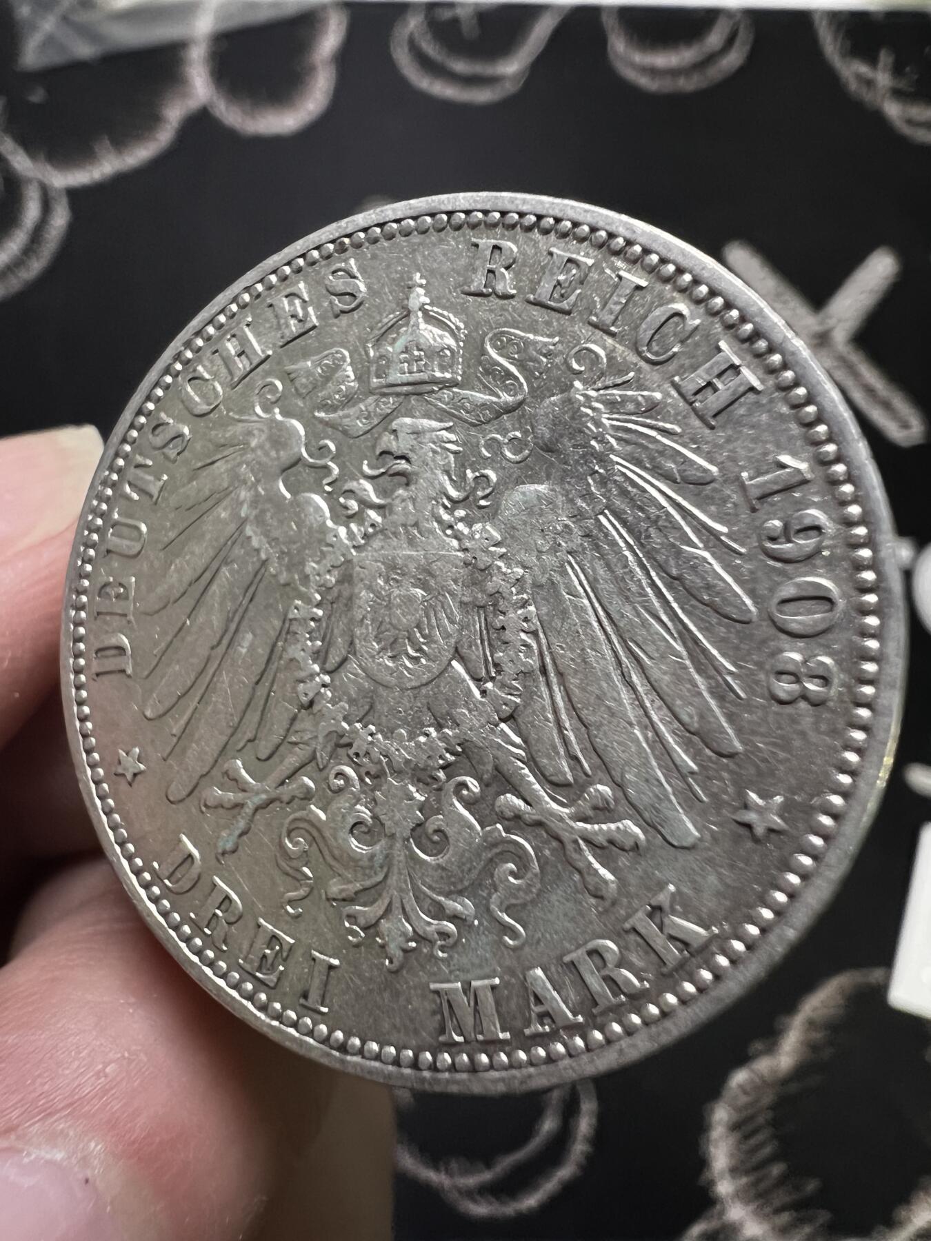 聚福钱庄~世界钱币第一期 新店开业 全场包邮 欢迎参拍 德国1908年威廉二世3马克银币好品