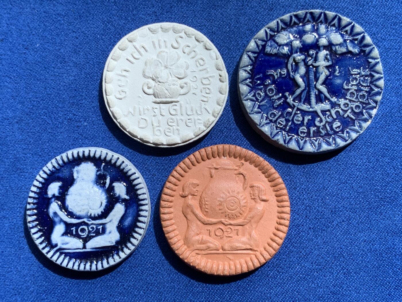 《竞宝斋》第354场 周日，周一，周二 3场连拍 （全场包邮） 德国 1921 亚当夏娃陶瓷紧急币四枚，好品种 稀见