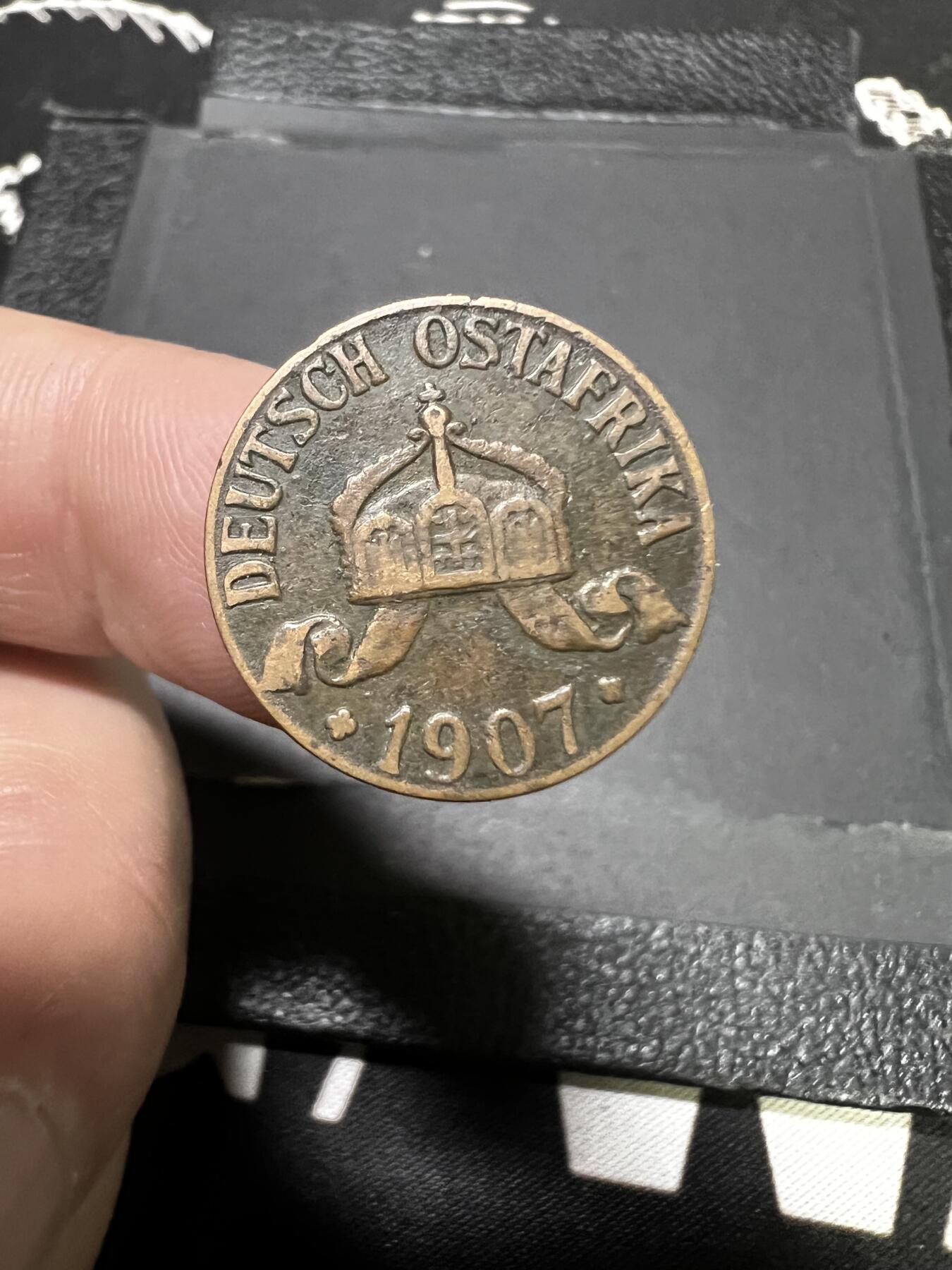 聚福钱庄~世界钱币第一期 新店开业 全场包邮 欢迎参拍 德属东非1907年1赫勒铜币 