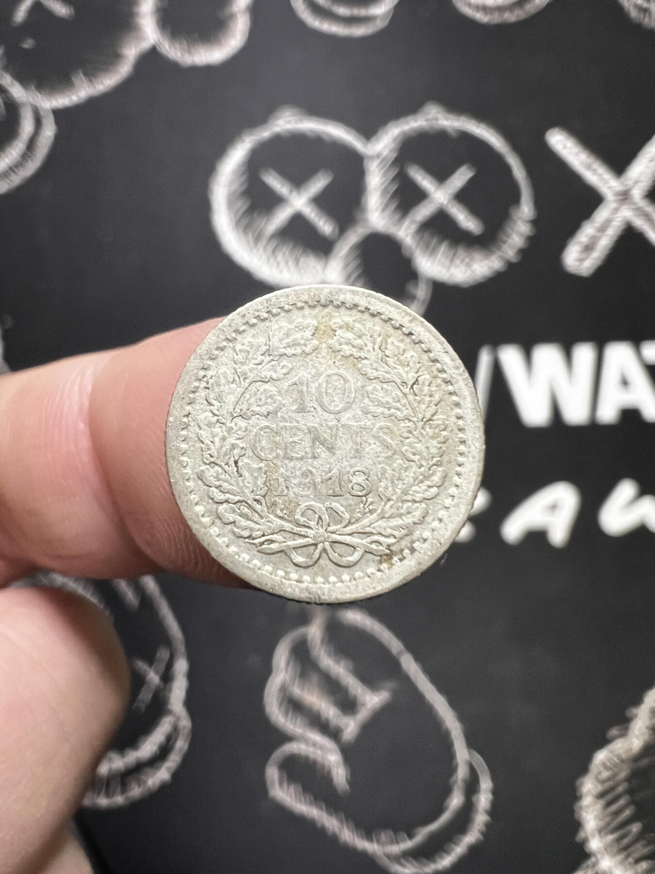聚福钱庄~世界钱币第一期 新店开业 全场包邮 欢迎参拍 荷兰1918年威廉明娜10分银币  很少见