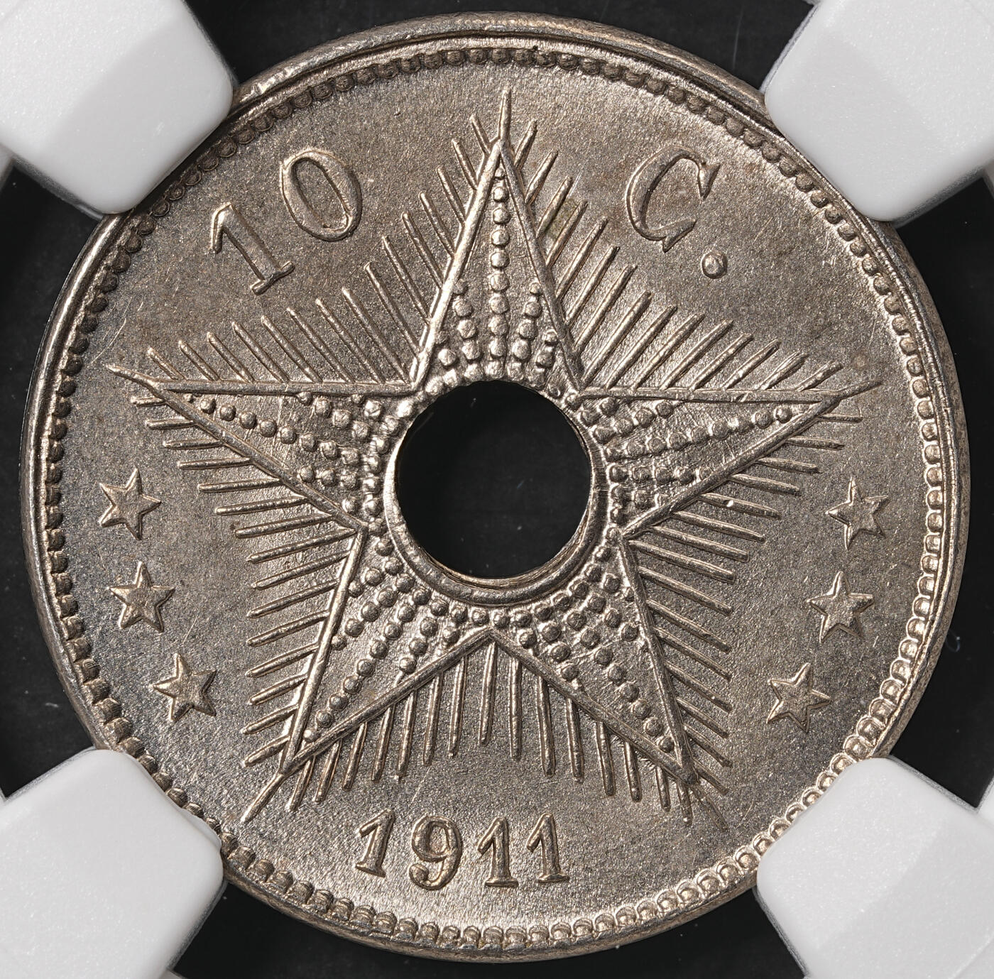 修遠堂世界钱币第五十八期 NGC MS65 1911年比属刚果中孔10分