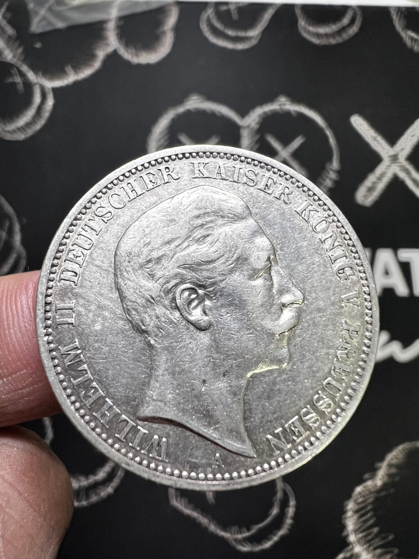 聚福钱庄~世界钱币第一期 新店开业 全场包邮 欢迎参拍 德国1908年威廉二世3马克银币好品