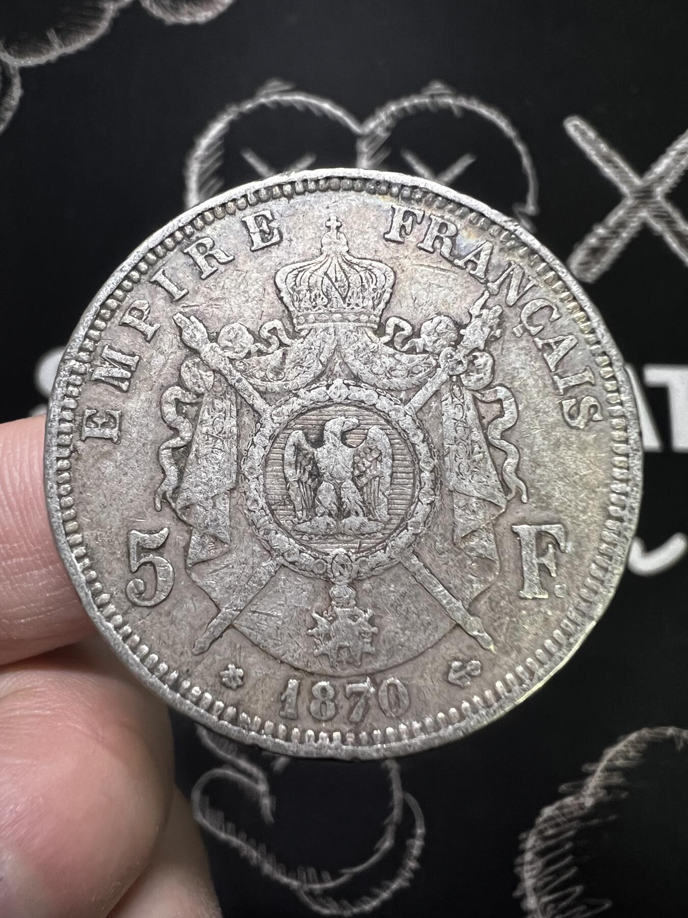 聚福钱庄~世界钱币第一期 新店开业 全场包邮 欢迎参拍 法国1870年拿破仑三世5法郎大银币
