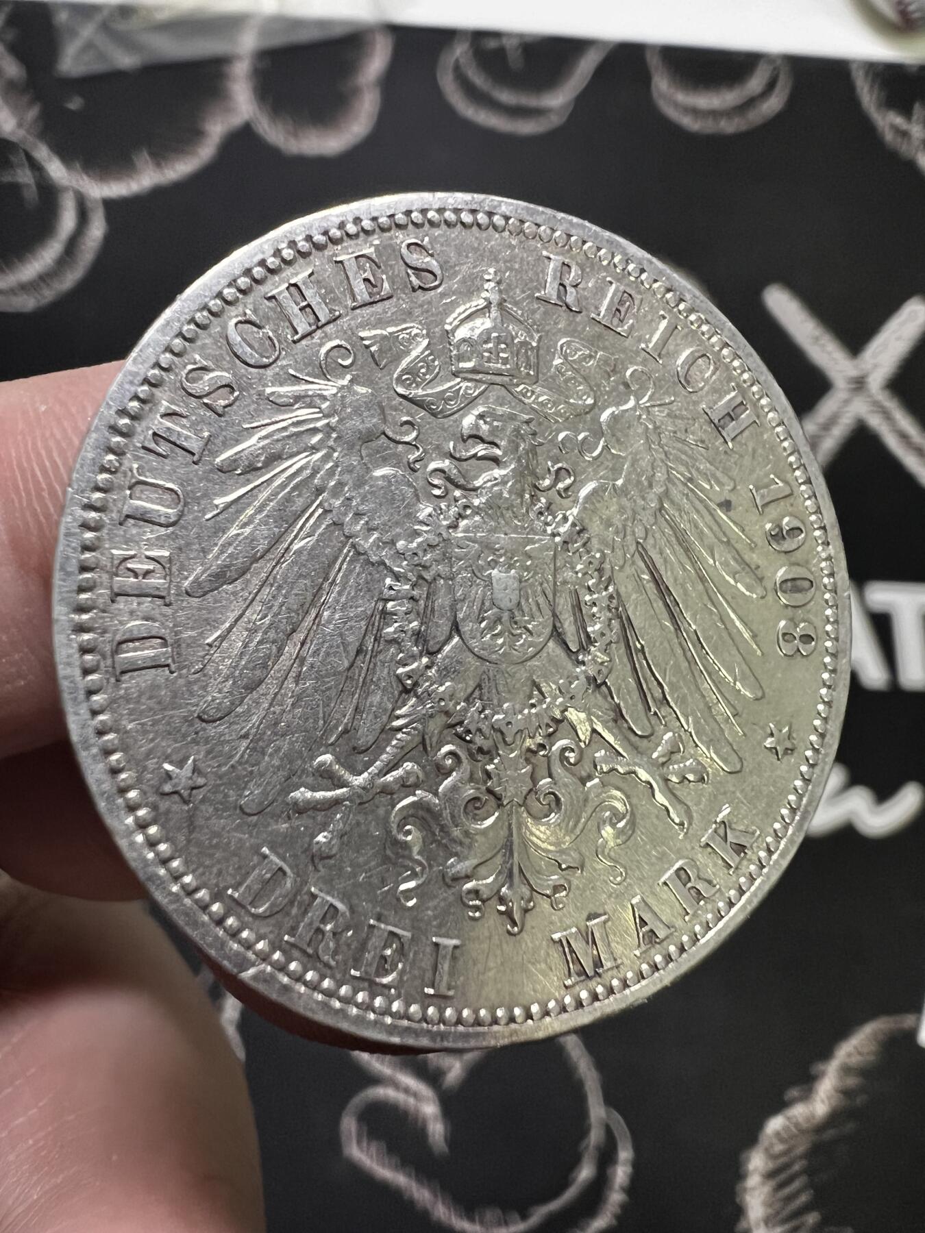 聚福钱庄~世界钱币第一期 新店开业 全场包邮 欢迎参拍 德国1908年威廉二世3马克银币好品