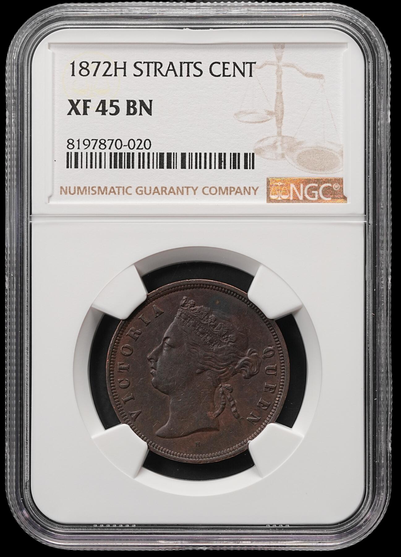修遠堂世界钱币第五十八期 NGC XF45BN 1872年海峡殖民地1分铜币 首年份少见 H厂铭 喜敦厂造 克劳斯目录XF40品标价175美金