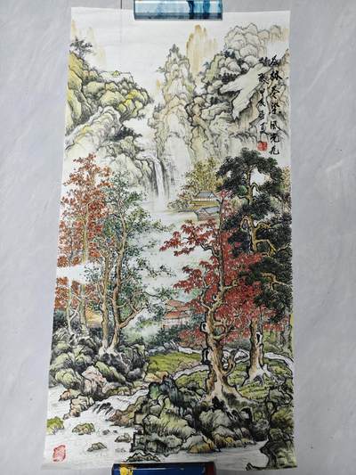 唤曦言2025第一期 - [纯手绘]国画，未装裱，50*100cm，层林尽染风光无，岱河之作。