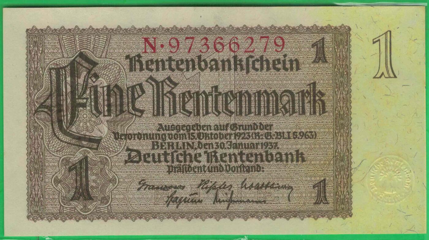 德国1937年1地租马克 P-173b 八位号码 无4 实物图 UNC