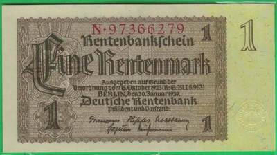 德国1937年1地租马克 P-173b 八位号码 无4 实物图 UNC - 德国1937年1地租马克 P-173b 八位号码 无4 实物图 UNC
