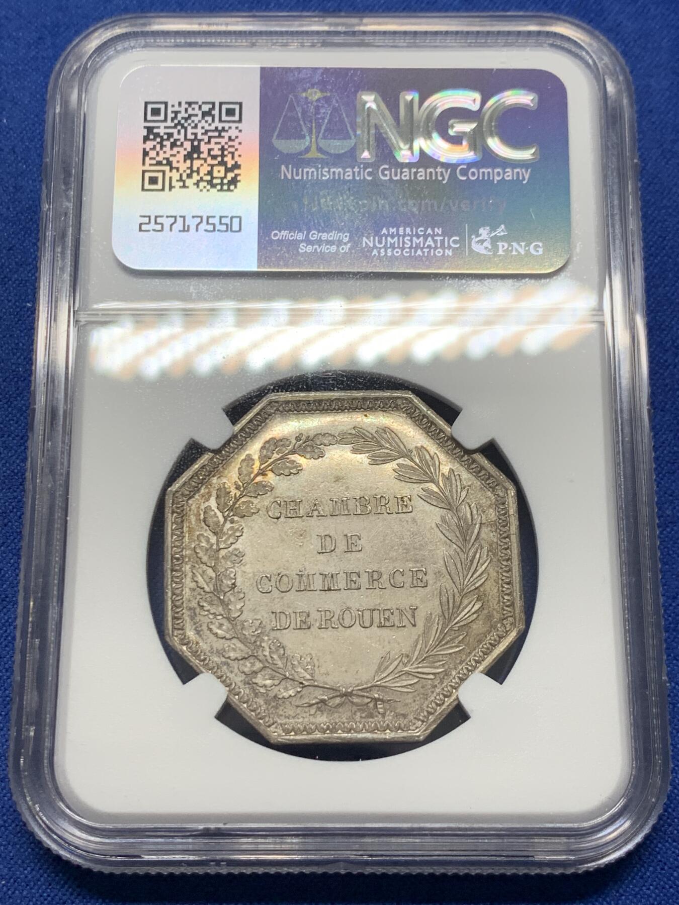 《竞宝斋》第355场 周日，周一，周二 3场连拍 （全场包邮） NGC-MS63 法国鲁昂商会八角银质代币