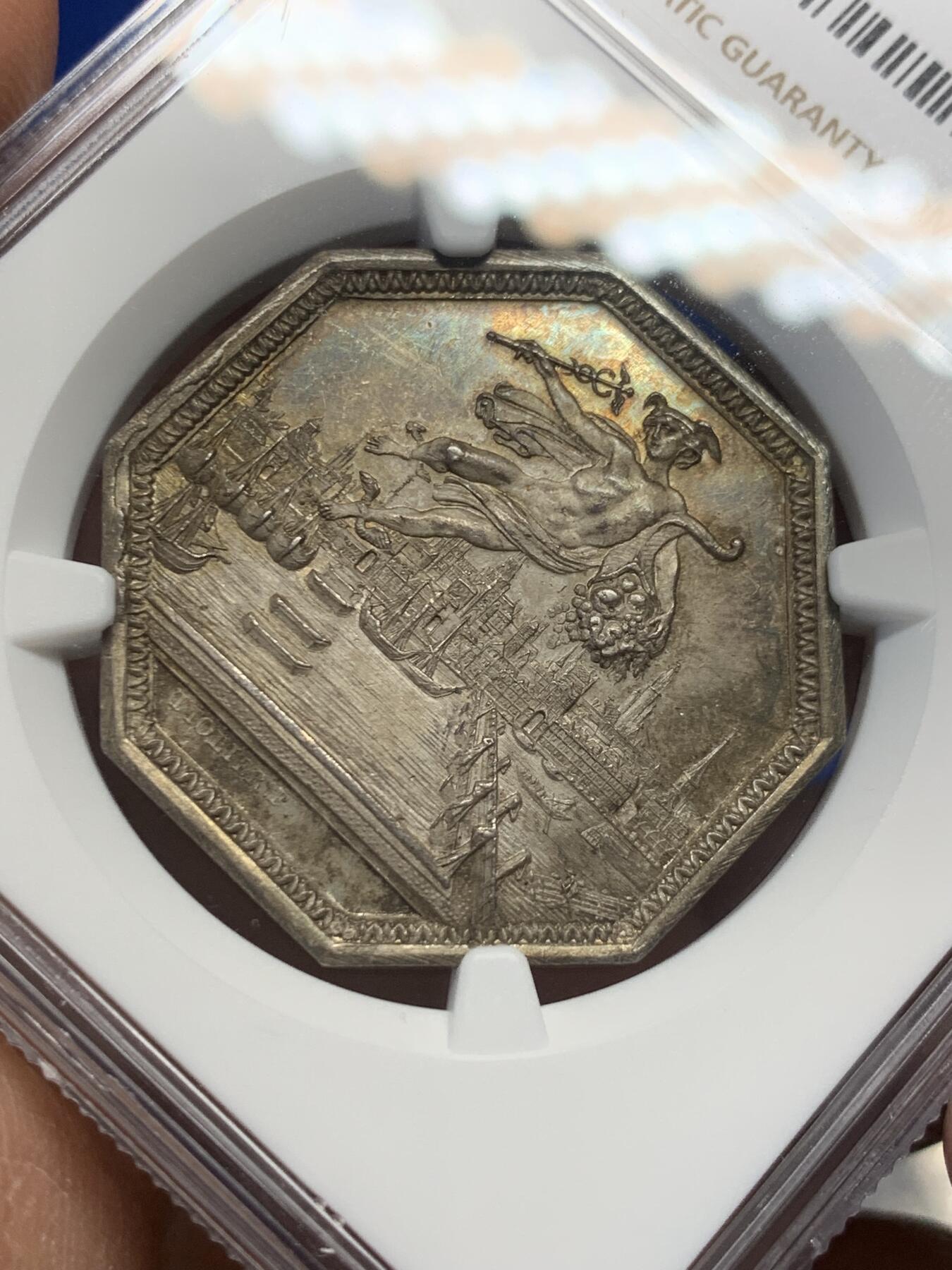 《竞宝斋》第355场 周日，周一，周二 3场连拍 （全场包邮） NGC-MS63 法国鲁昂商会八角银质代币