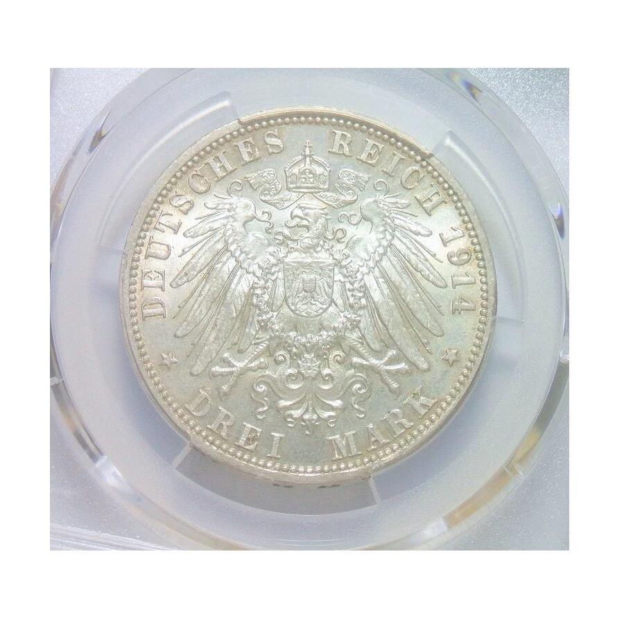 PCGS MS63 德国普鲁士1914年威廉二世3马克银币 难得开卷原光