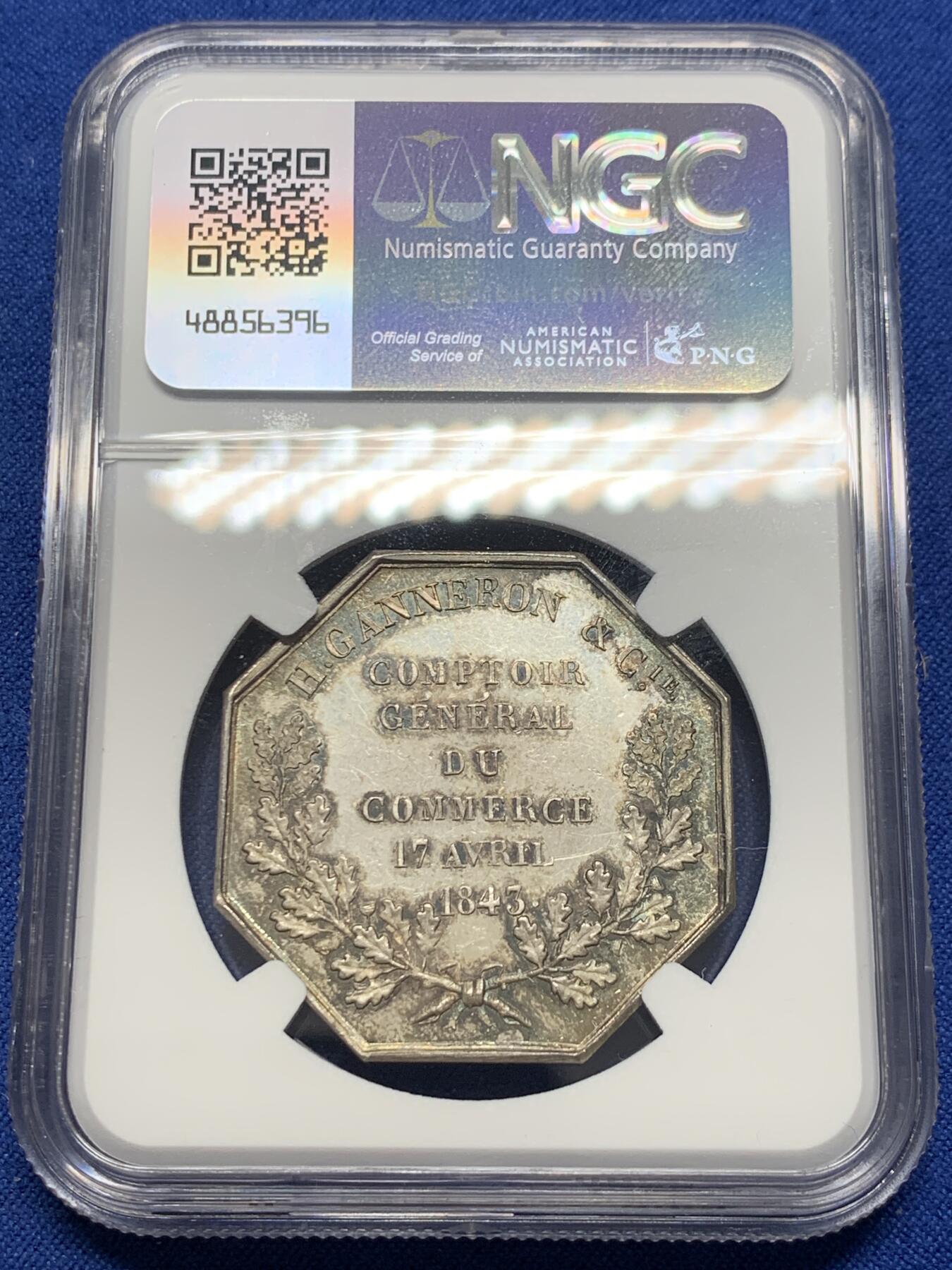 《竞宝斋》第355场 周日，周一，周二 3场连拍 （全场包邮） NGC-MS63 法国甘纳龙综合折扣柜台八角银质代币