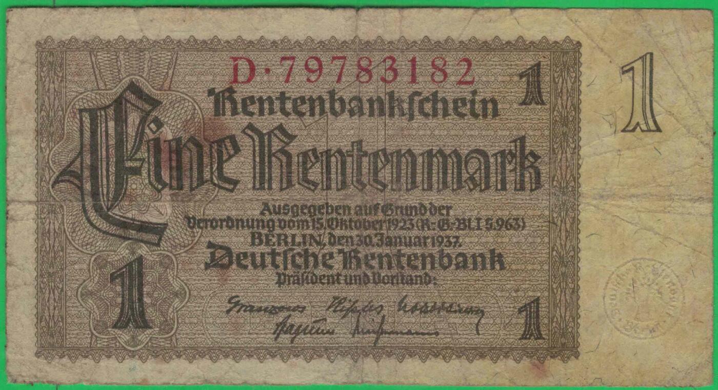 德国1937年1地租马克 P-173b 八位号码 无4 八品 实物图