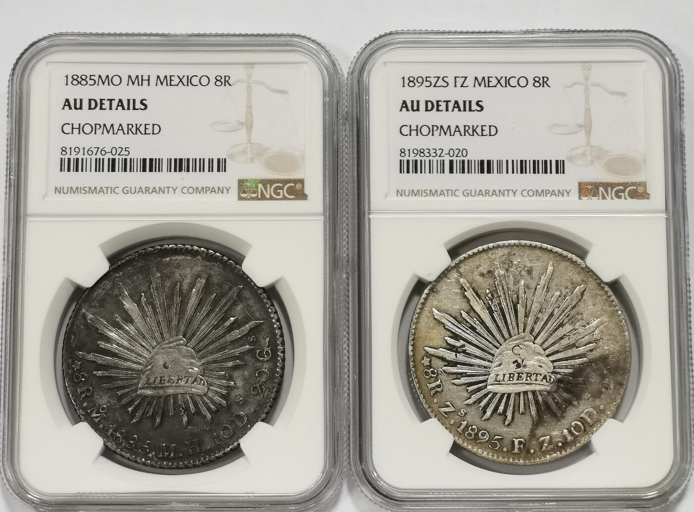 博洋堂世界钱币拍卖第111期（全场包邮） NGC XF 墨西哥1885年MO MH、1895年ZS FZ版花边鹰洋2枚一组，原味墨印