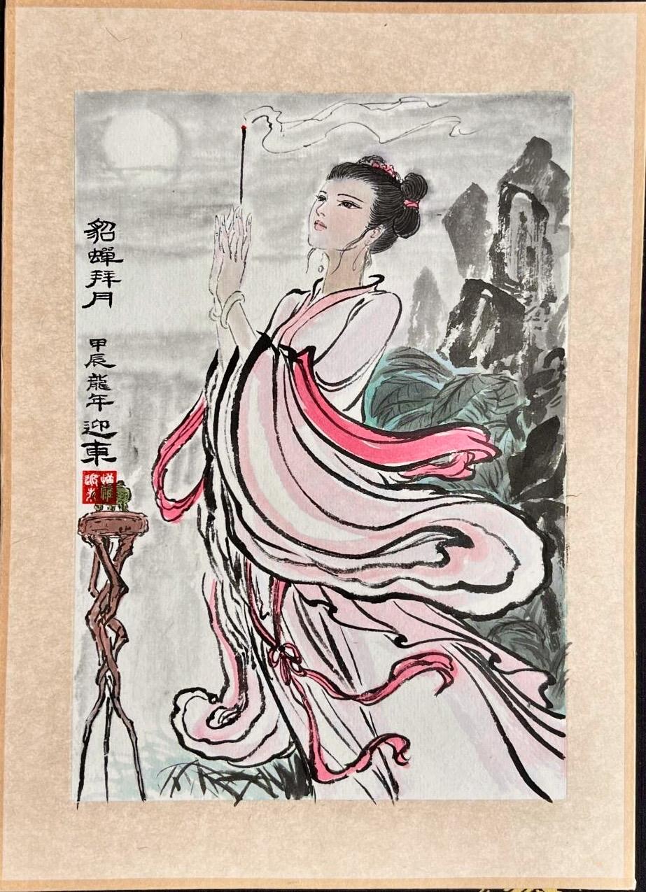 白泽拍卖卡牌手绘专场第13期（昨夜一霎雨，天意苏群物） 2024 权迎东手绘画 貂蝉拜月 已装裱 尺寸：内框 14cm*20cm，外框 27cm*42cm