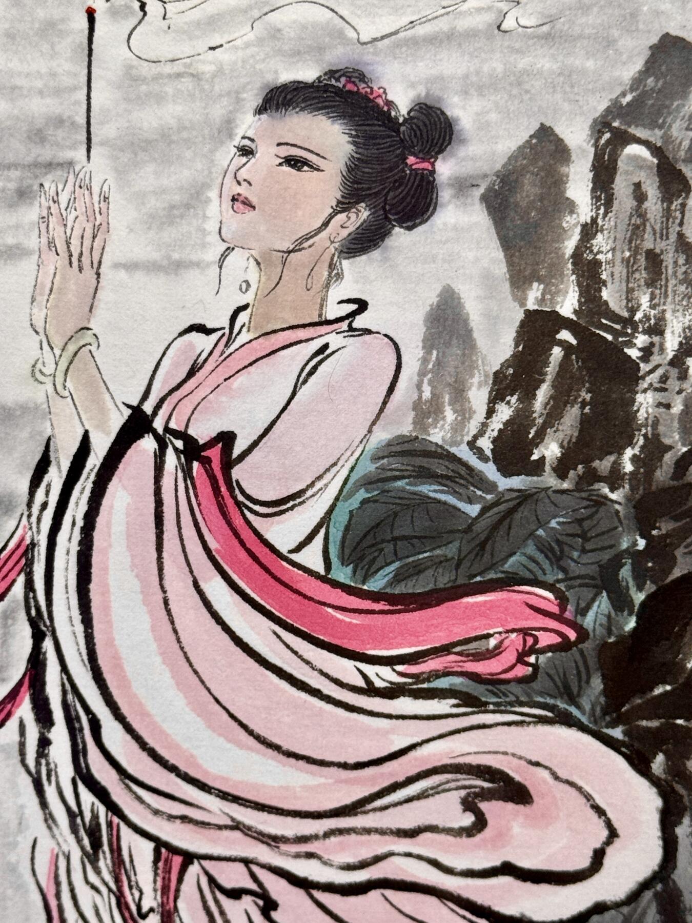 白泽拍卖卡牌手绘专场第13期（昨夜一霎雨，天意苏群物） 2024 权迎东手绘画 貂蝉拜月 已装裱 尺寸：内框 14cm*20cm，外框 27cm*42cm