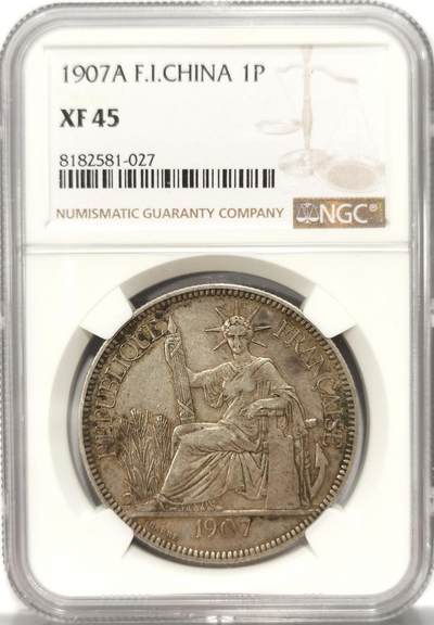 博洋堂世界钱币拍卖第129期（全场包邮） NGC XF45 法属印度支那1907年坐洋银币 原味