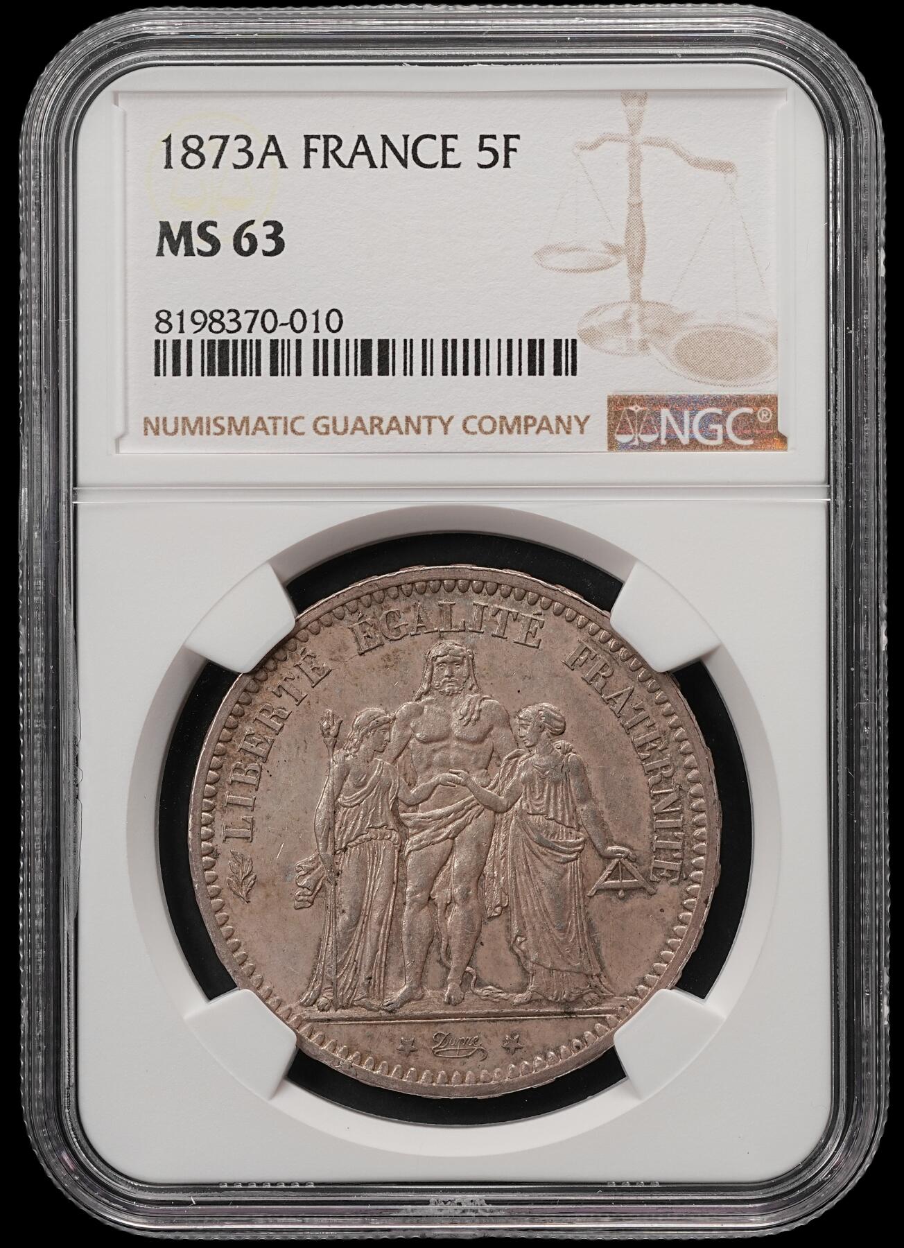 修遠堂世界钱币第五十八期 NGC MS63 1873年法国大力神5法郎大银币