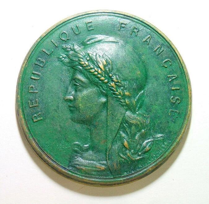 法国1900年前后 谷物女神头像高浮雕大铜章 50MM 背面后刻字
