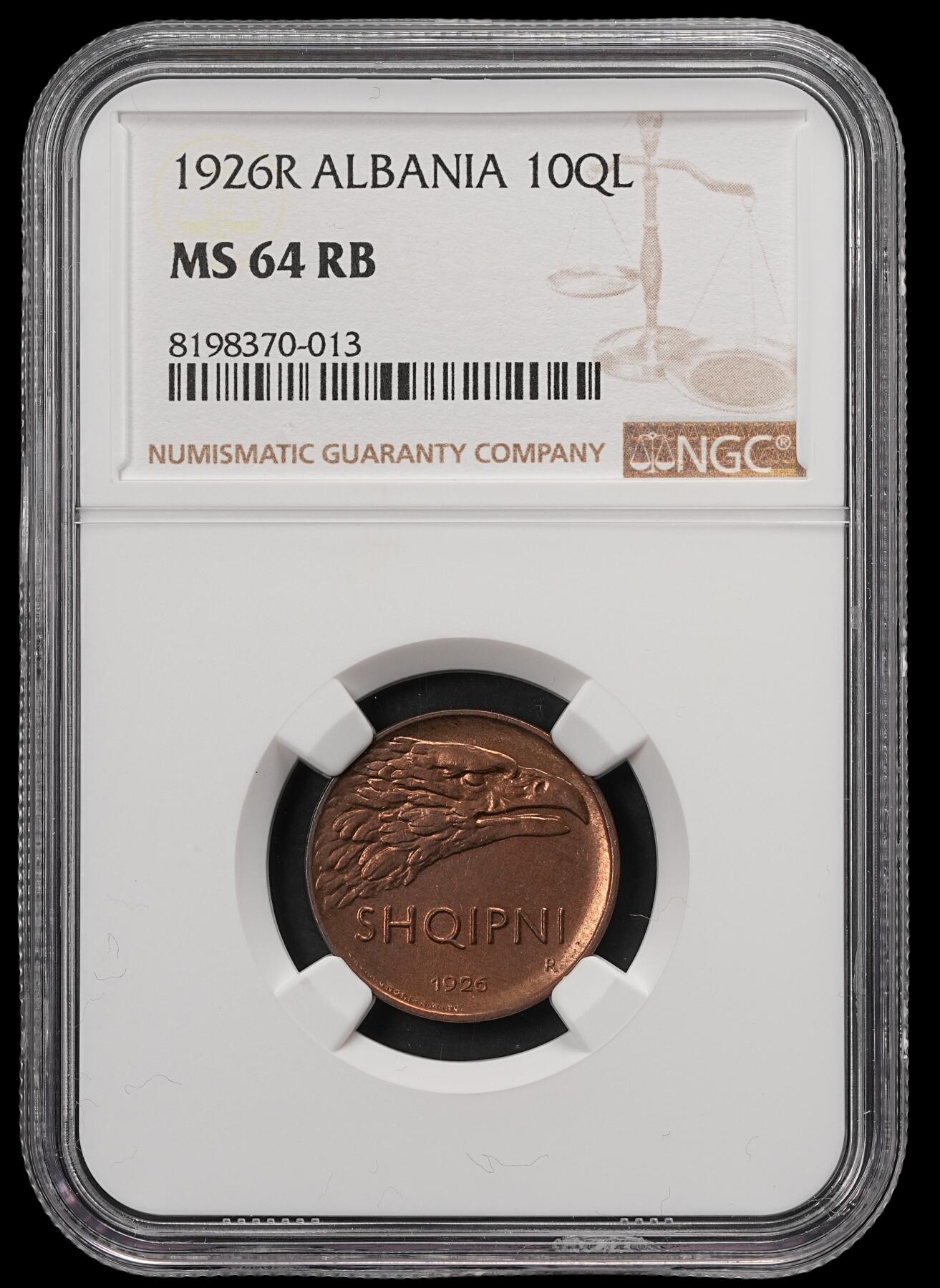 修遠堂世界钱币第五十八期 NGC MS64RB 1926年阿尔巴尼亚10 QINDAR LEKU铜币 少见品种