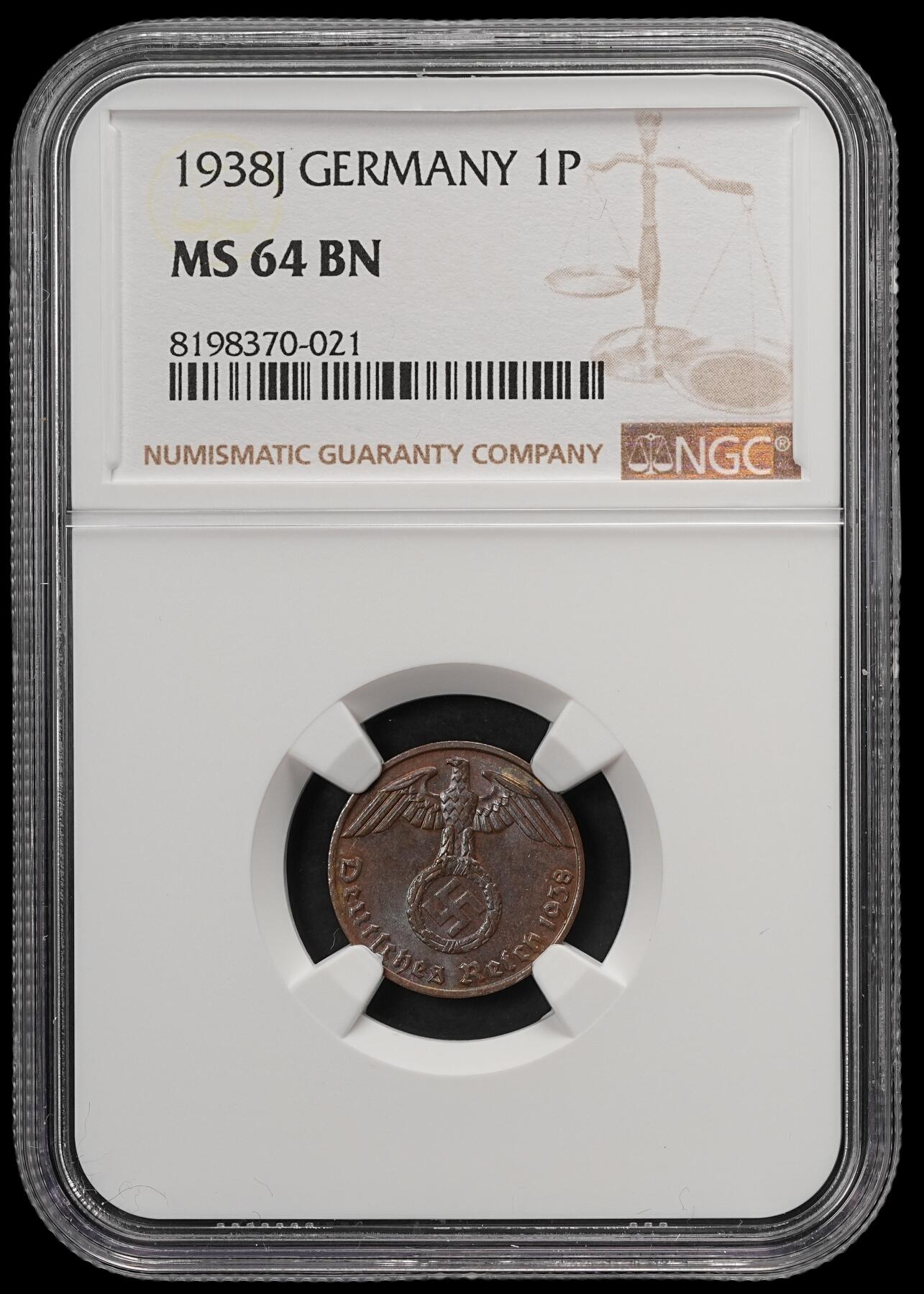 修遠堂世界钱币第五十八期 NGC MS64BN 1938年德国1芬尼铜币 J厂铭