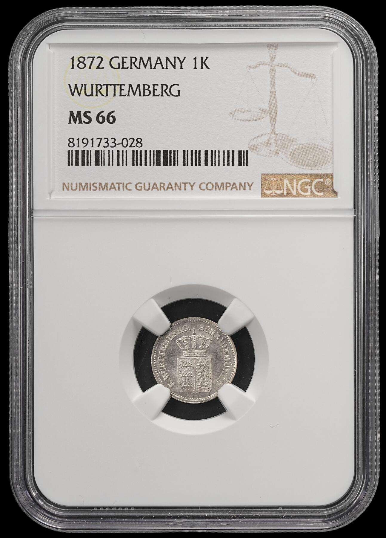 修遠堂世界钱币第五十八期 NGC MS66 1872年符腾堡1克鲁泽银币