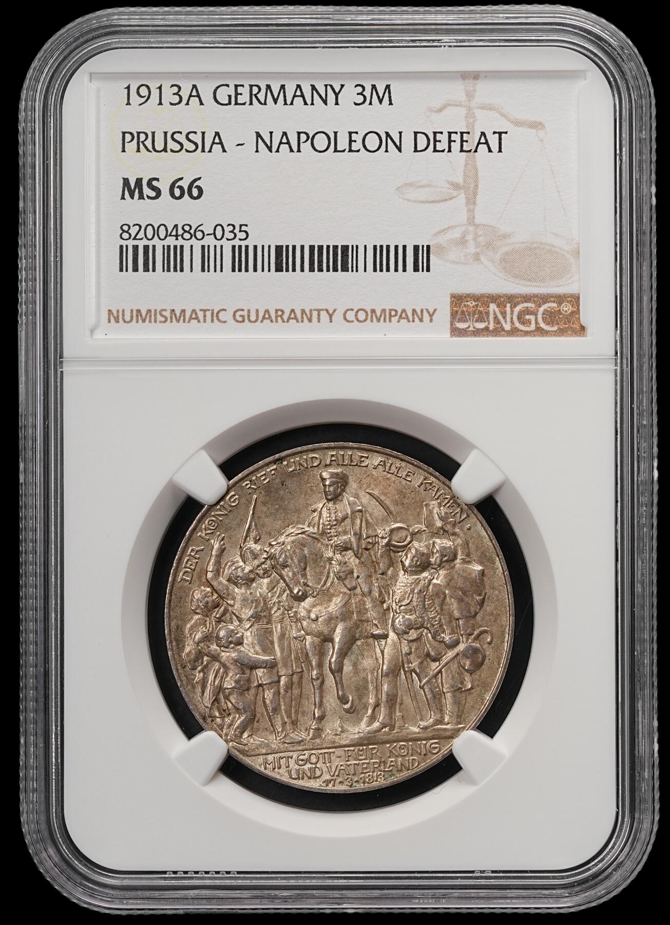 修遠堂世界钱币第五十八期 NGC MS66 1913年普鲁士战胜拿破仑百年纪念3马克银币 高分极美品