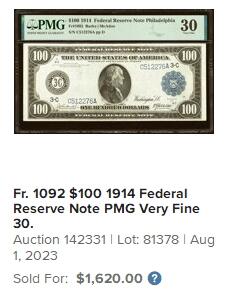【Blue Auction】✨世界纸币精拍第622期【精】   【富兰克林肖像首次出现在100美金上 少见高值】美国 1914年100美金 PMG35 背面墨丘利、丰收女神等众神 大场景 设计别致新颖 （23年拍过同fr一张30分的1620美金）