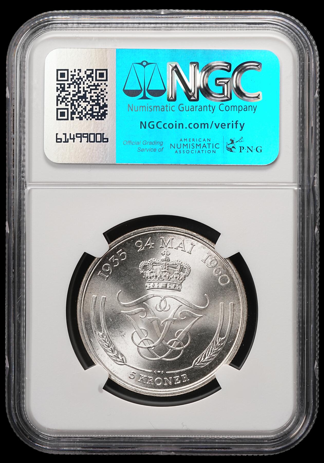 修遠堂世界钱币第五十八期 NGC MS65 1960年丹麦国王银婚纪念5克朗银币