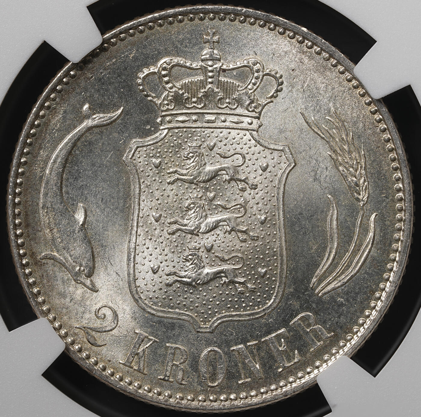 修遠堂世界钱币第五十八期 NGC MS63 1916年丹麦海豚2克朗银币 流通版克朗MS较少见