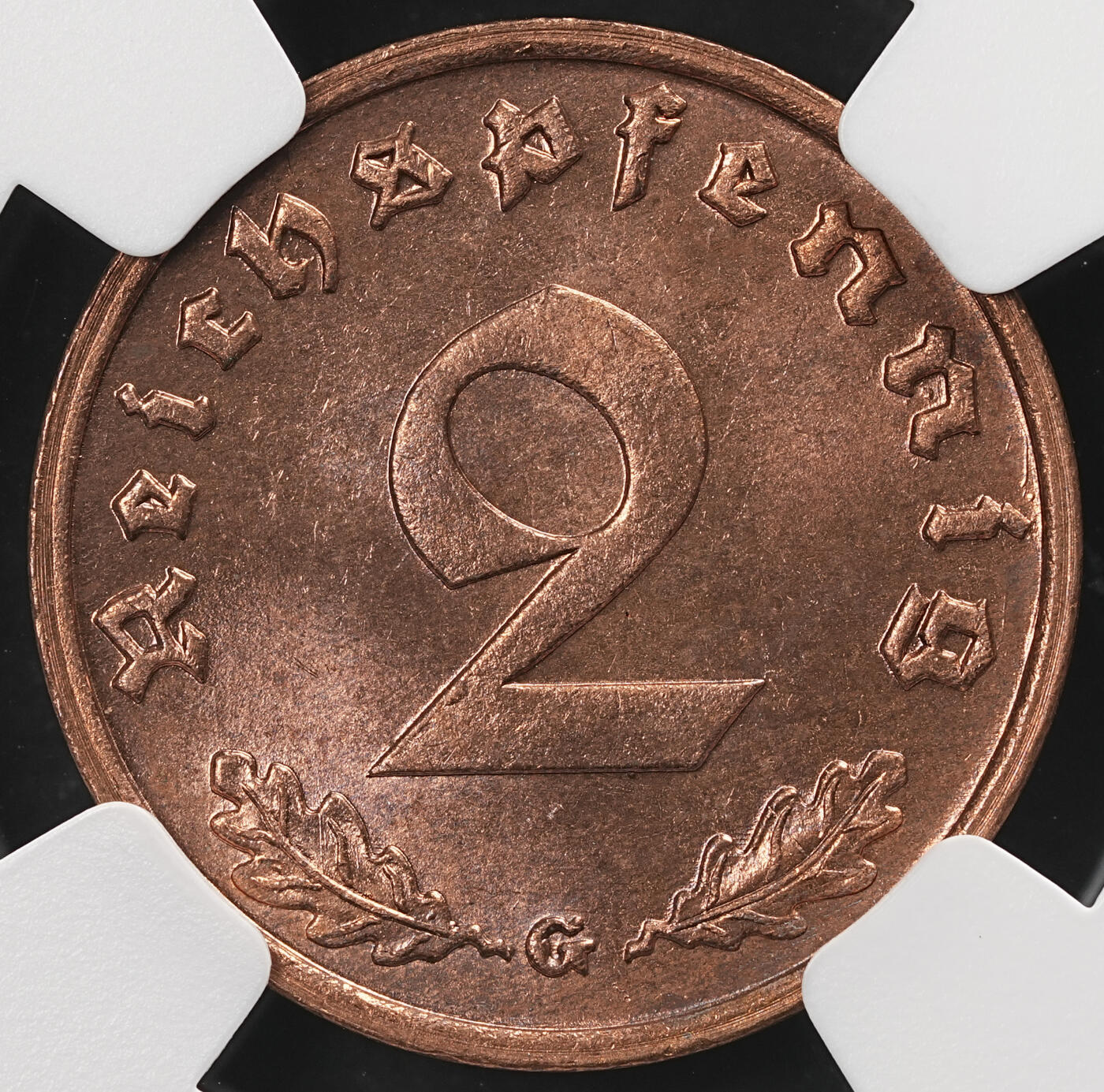 修遠堂世界钱币第五十八期 NGC MS64RB 1939年德国2芬尼铜币 G厂铭