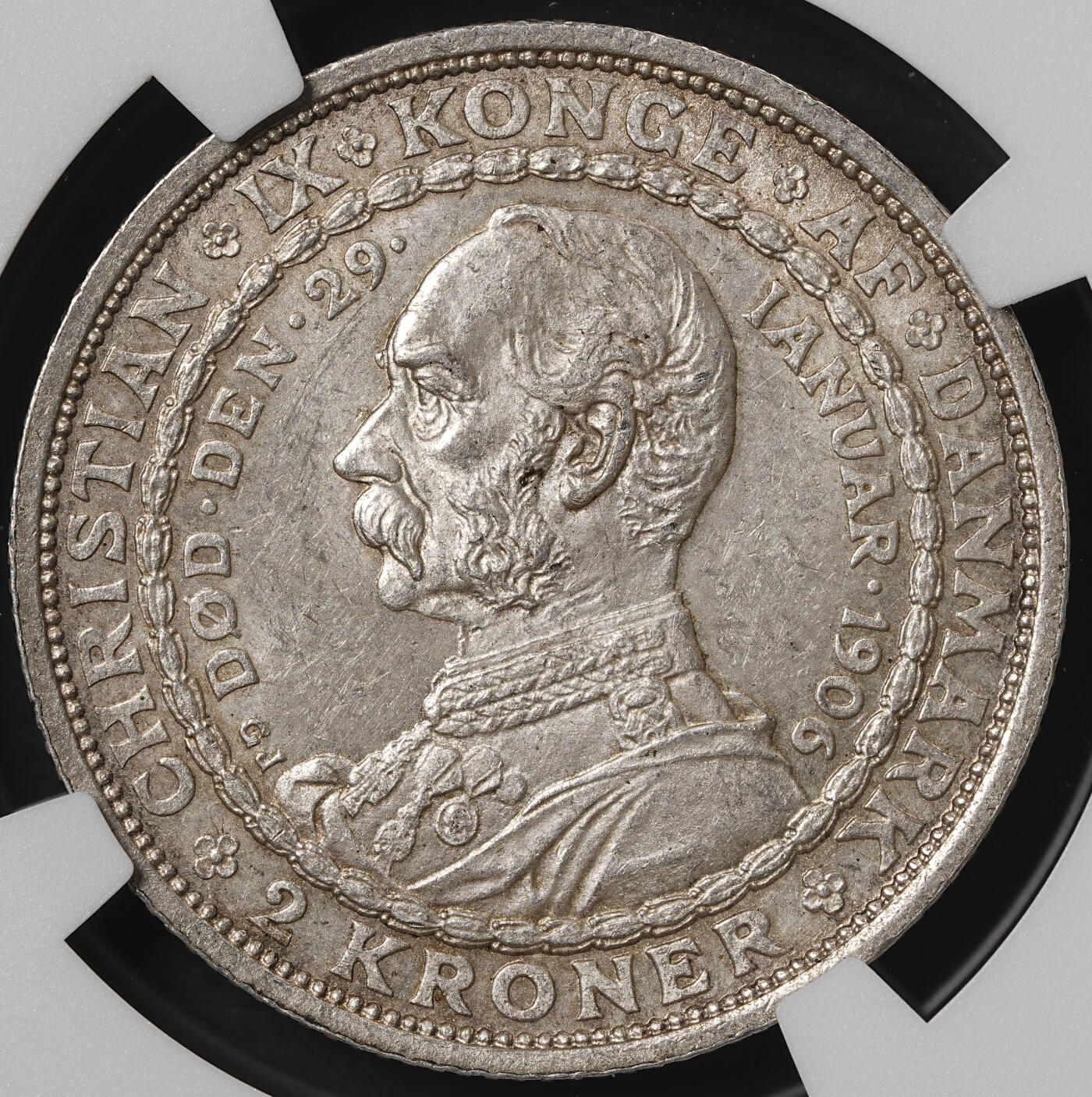 修遠堂世界钱币第五十八期 NGC MS63 1906年丹麦国王更迭2克朗银币