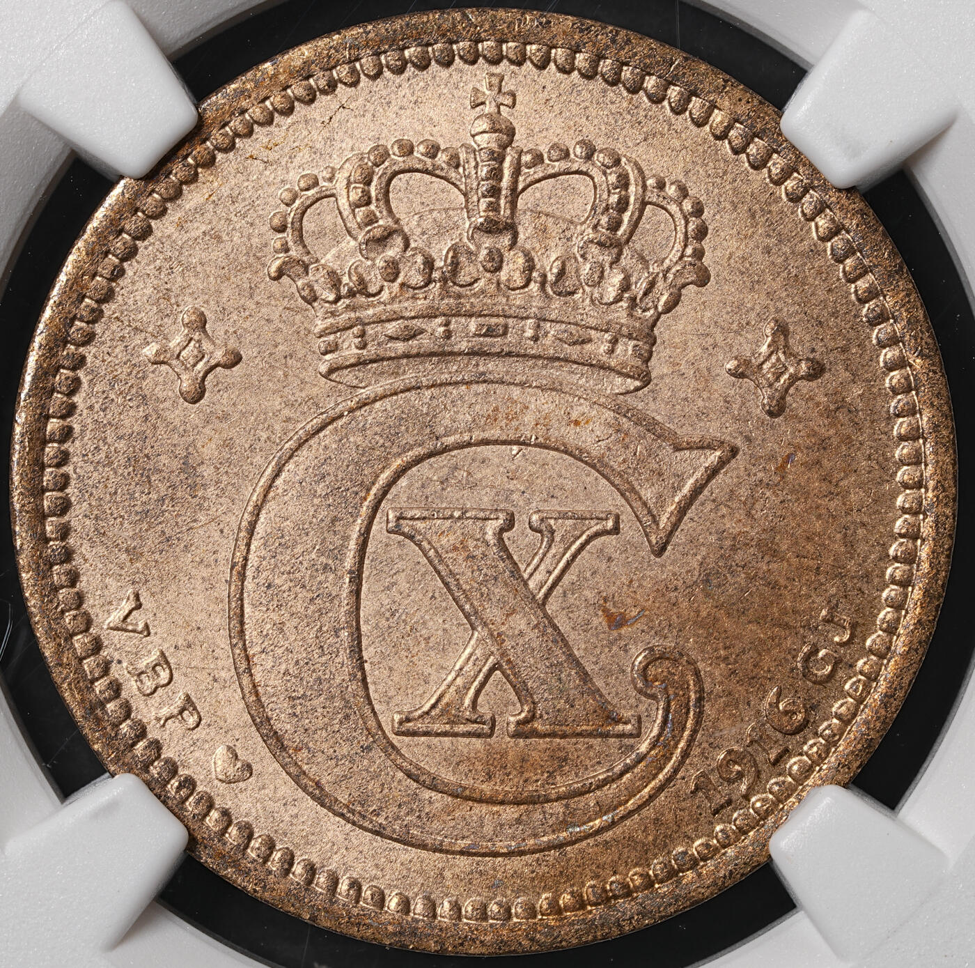 修遠堂世界钱币第五十八期 NGC MS65RB 1916年丹麦5欧尔铜币 较少见年份 铸造量只有80多万枚