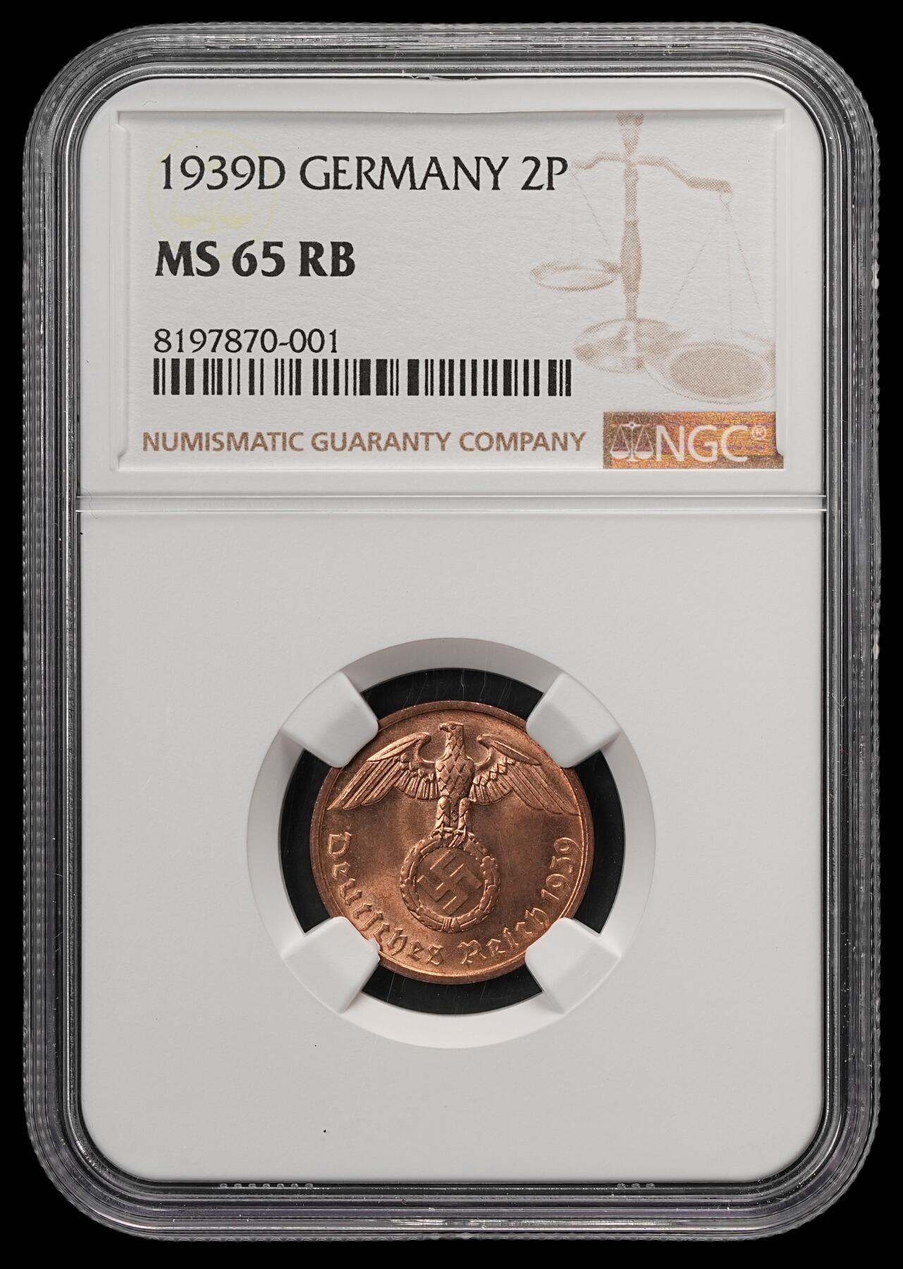 修遠堂世界钱币第五十八期 NGC MS65RB 1939年德国2芬尼铜币 D厂铭