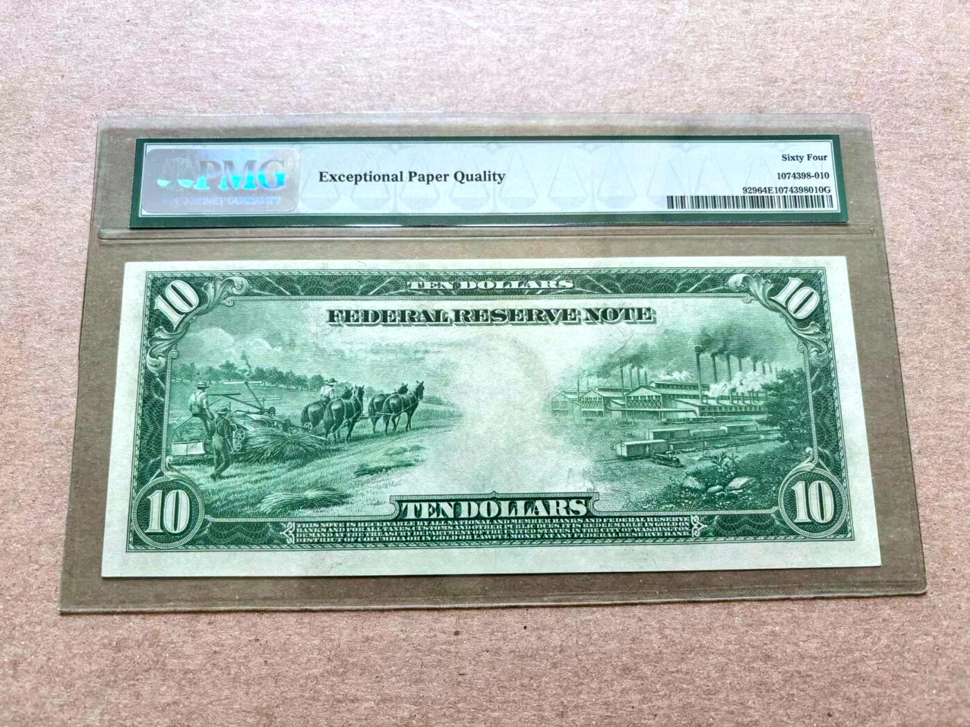 【Blue Auction】✨世界纸币精拍第622期【精】 【罕见Fr.929 仅2张更高分】美国 1914年10美金 大票幅 芝加哥版 正面杰克逊 背面工业与农业 大场景 雕刻精美 PMG64EPQ 老壳 目录价大约1800美金左右