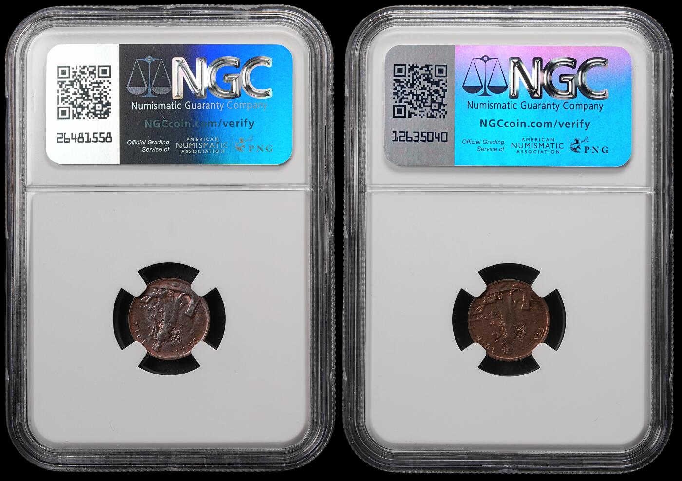 修遠堂世界钱币第五十八期 NGC评级 意大利1分铜币两枚