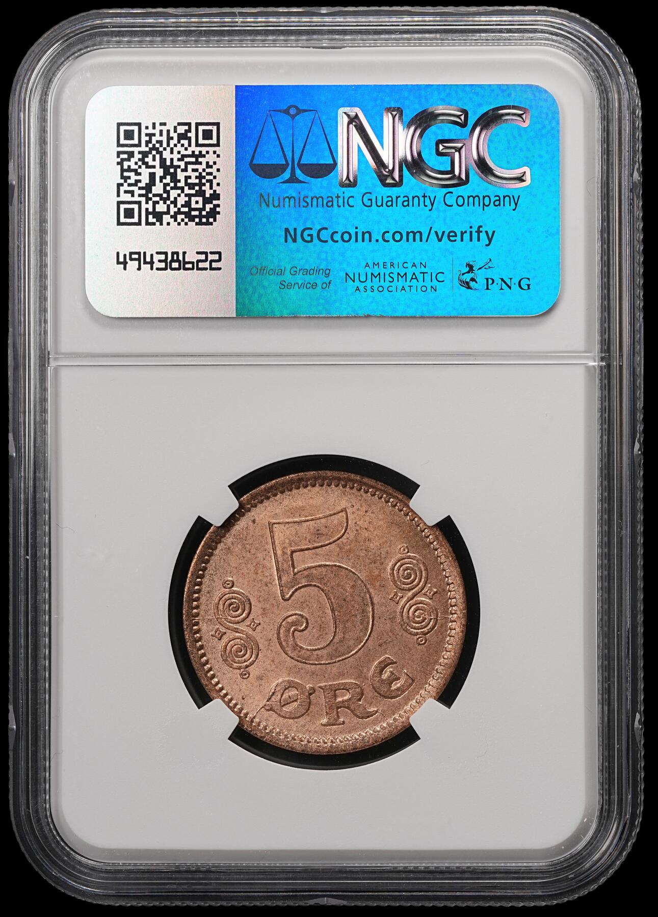 修遠堂世界钱币第五十八期 NGC MS65RB 1916年丹麦5欧尔铜币 较少见年份 铸造量只有80多万枚